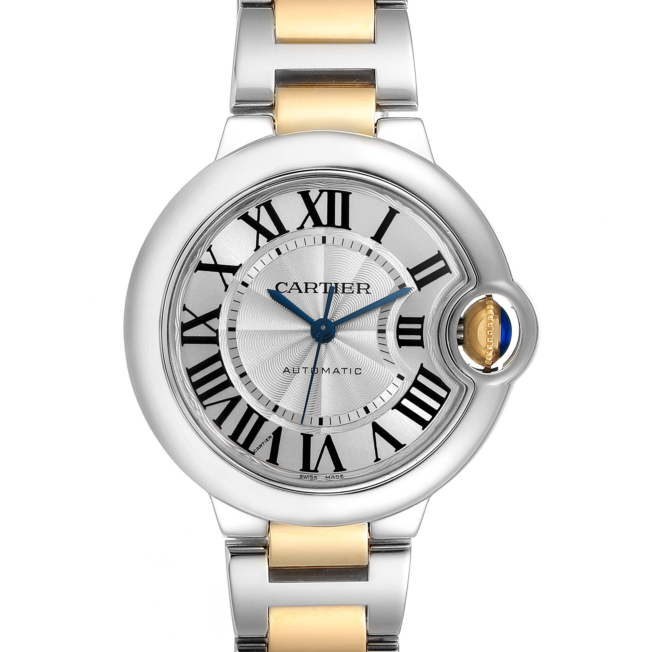 The Cartier Ballon Bleu W2BB0002 Women
s Steel and Gold (two tone) Silver Dial W2BB0002 Women
s Steel and Gold (two tone) Silver Dial watch is shown from the front, highlighting its face, bezel, and part of its bracelet.