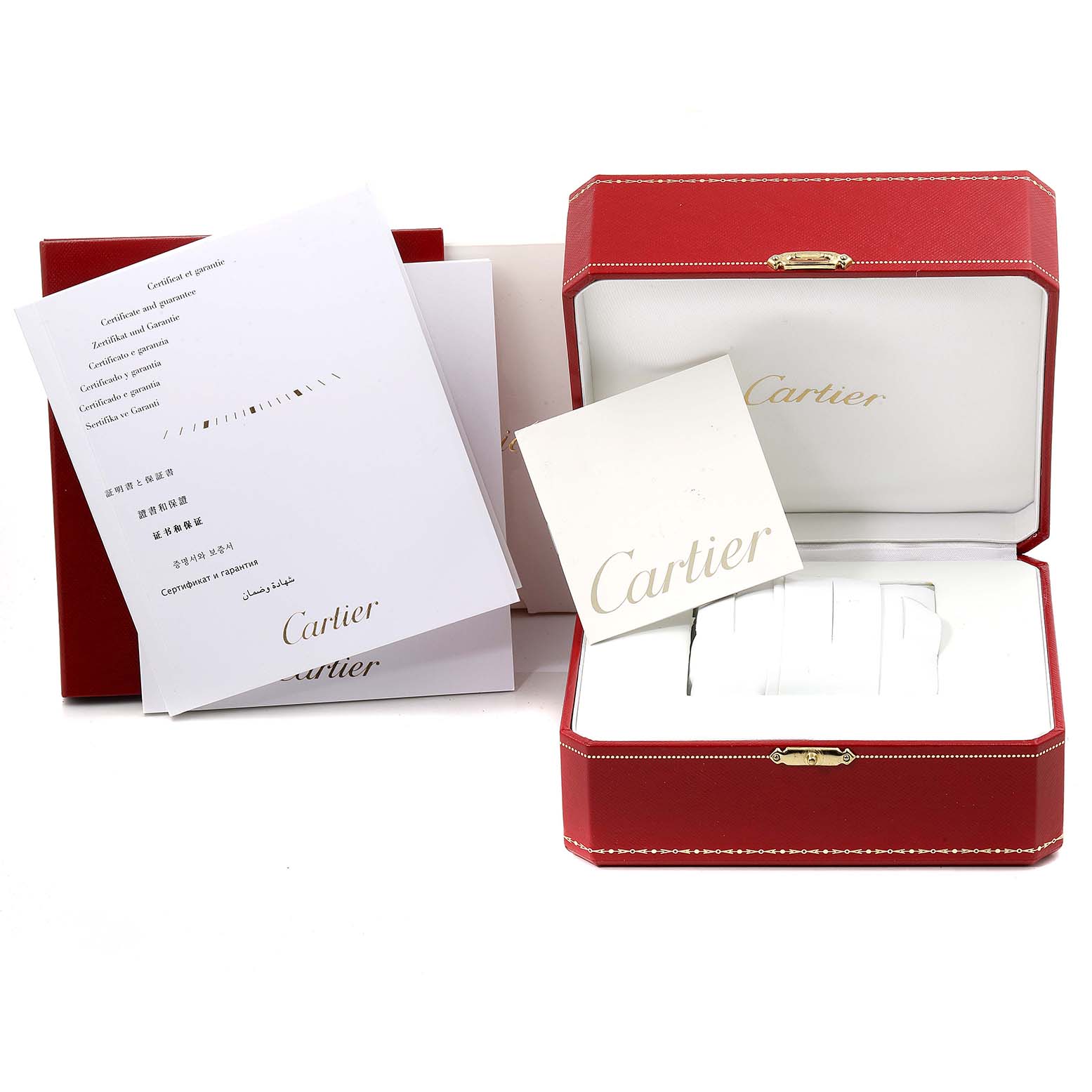 The image shows an open Cartier Ballon Bleu W2BB0002 Women
s Steel and Gold (two tone) Silver Dial W2BB0002 Women
s Steel and Gold (two tone) Silver Dial watch box with accompanying documentation.