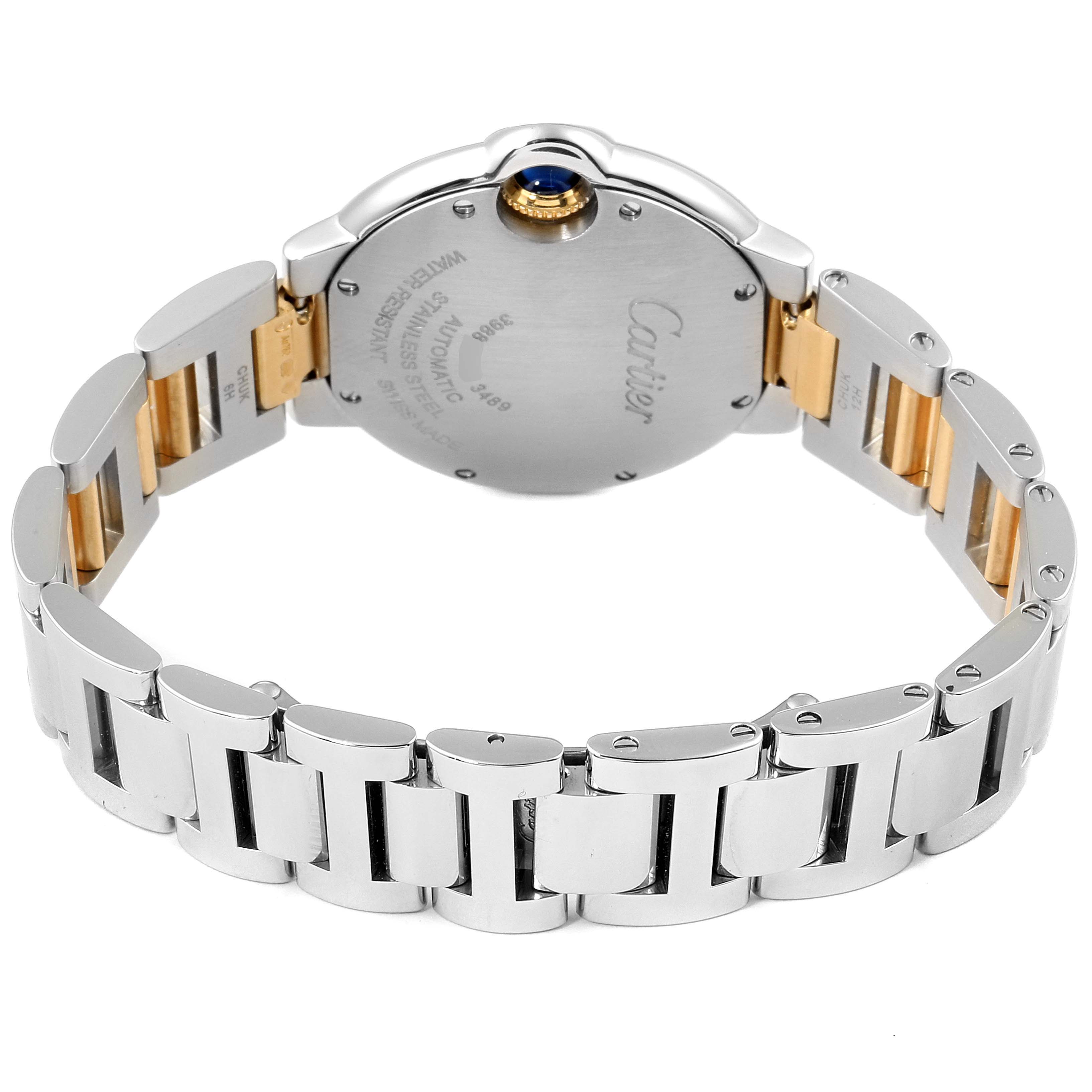 The image shows the back view of the Cartier Ballon Bleu W2BB0002 Women
s Steel and Gold (two tone) Silver Dial W2BB0002 Women
s Steel and Gold (two tone) Silver Dial watch, highlighting its case back and metal bracelet.
