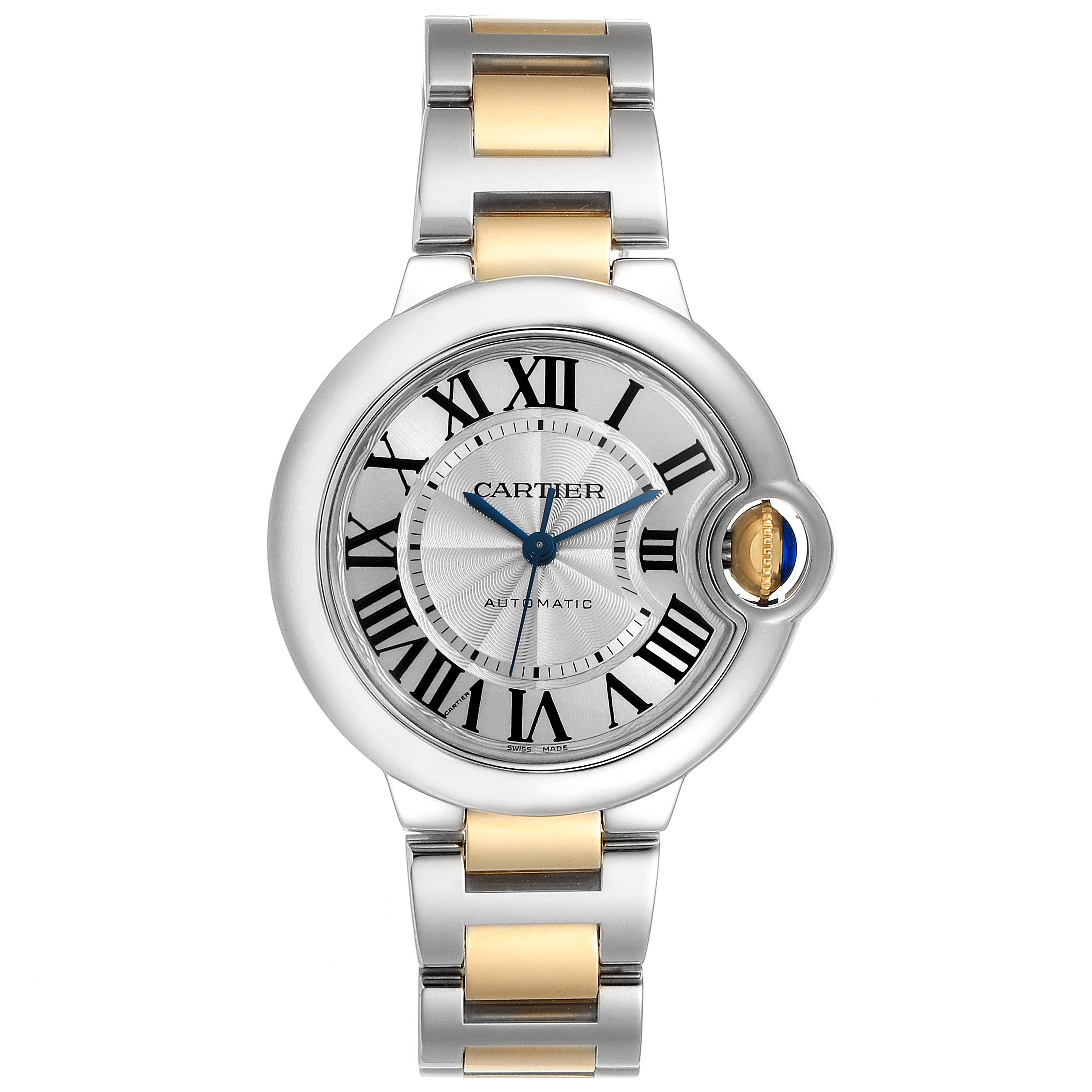 The image shows a front view of the Cartier Ballon Bleu W2BB0002 Women
s Steel and Gold (two tone) Silver Dial W2BB0002 Women
s Steel and Gold (two tone) Silver Dial watch, displaying its face and bracelet.