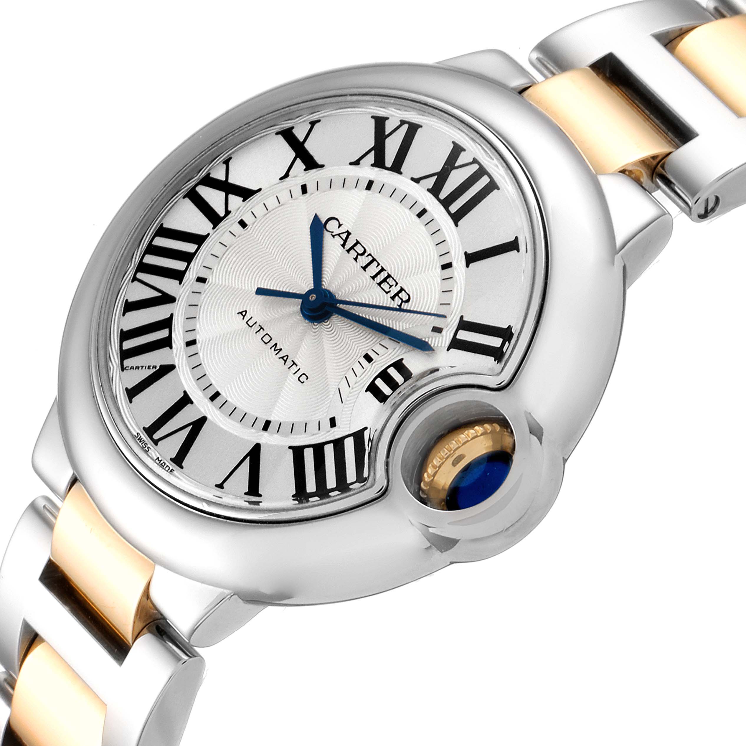 The photo shows a close-up angle of the face and strap of the Cartier Ballon Bleu W2BB0002 Women
s Steel and Gold (two tone) Silver Dial W2BB0002 Women
s Steel and Gold (two tone) Silver Dial watch.