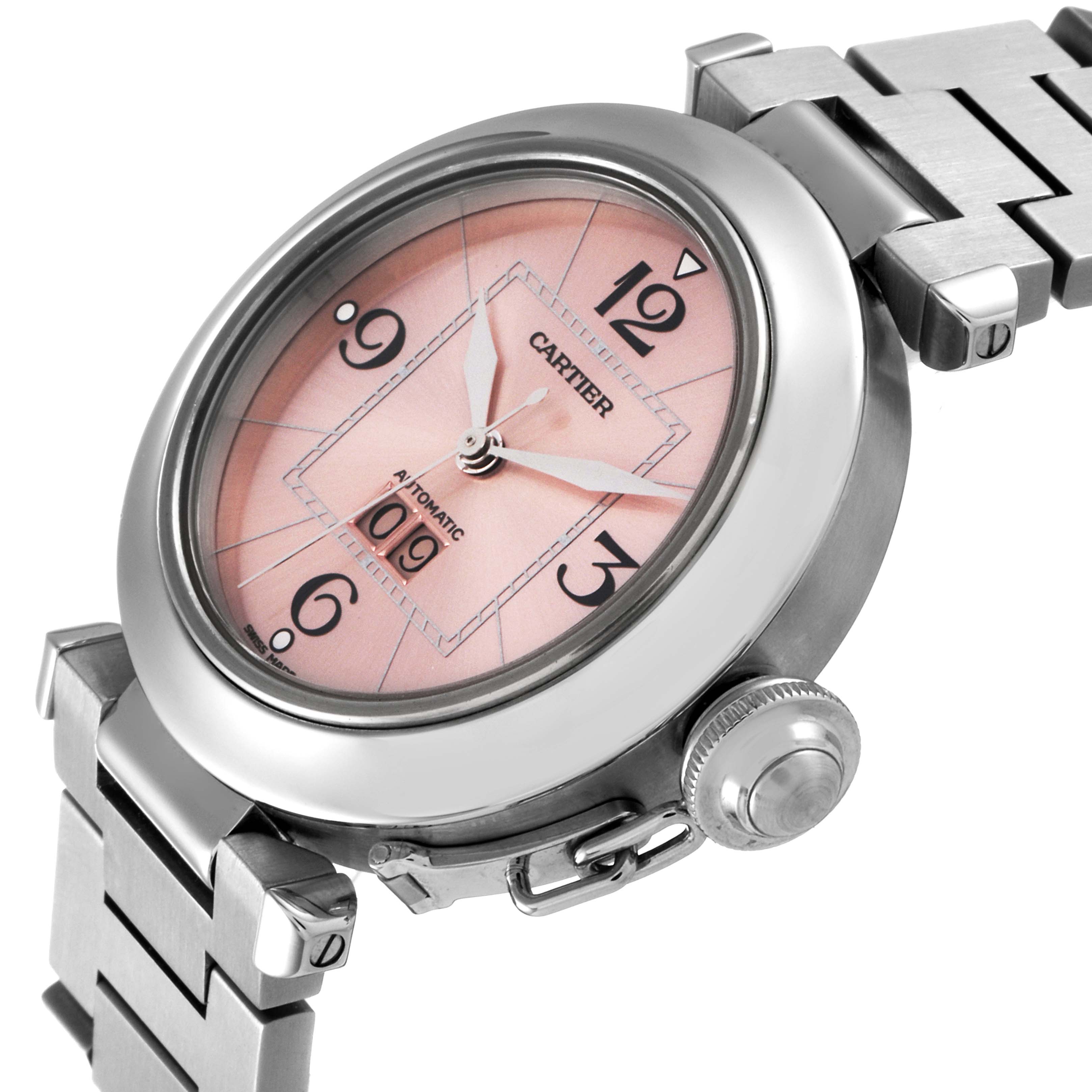This Cartier Pasha W31058M7 Women's Stainless Steel Pink Dial W31058M7 Women's Stainless Steel Pink Dial model watch is shown at an angle highlighting the pink dial, metal bracelet, and crown.