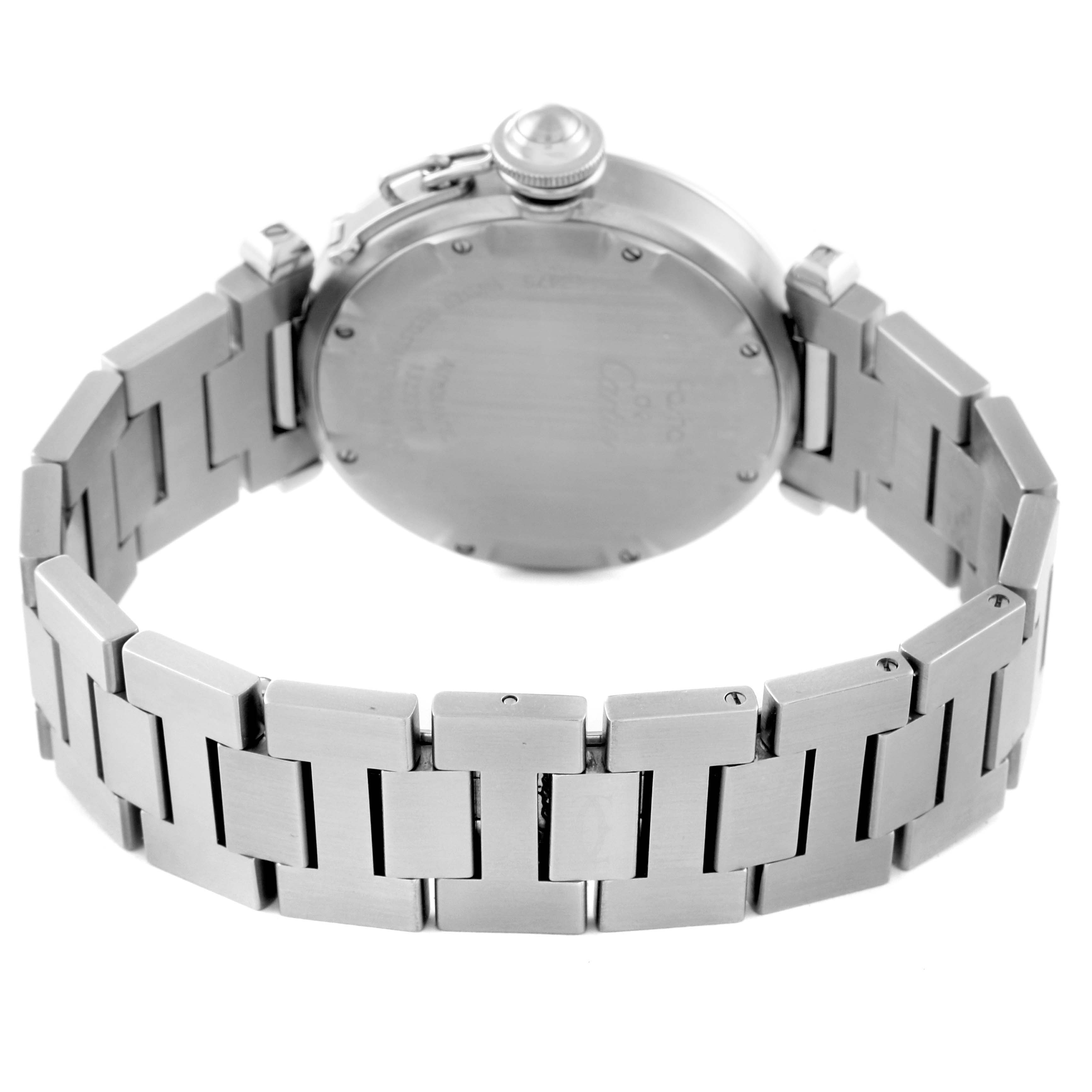 This image shows the back case and bracelet of a Cartier Pasha W31058M7 Women's Stainless Steel Pink Dial W31058M7 Women's Stainless Steel Pink Dial watch from a slightly lower angle.