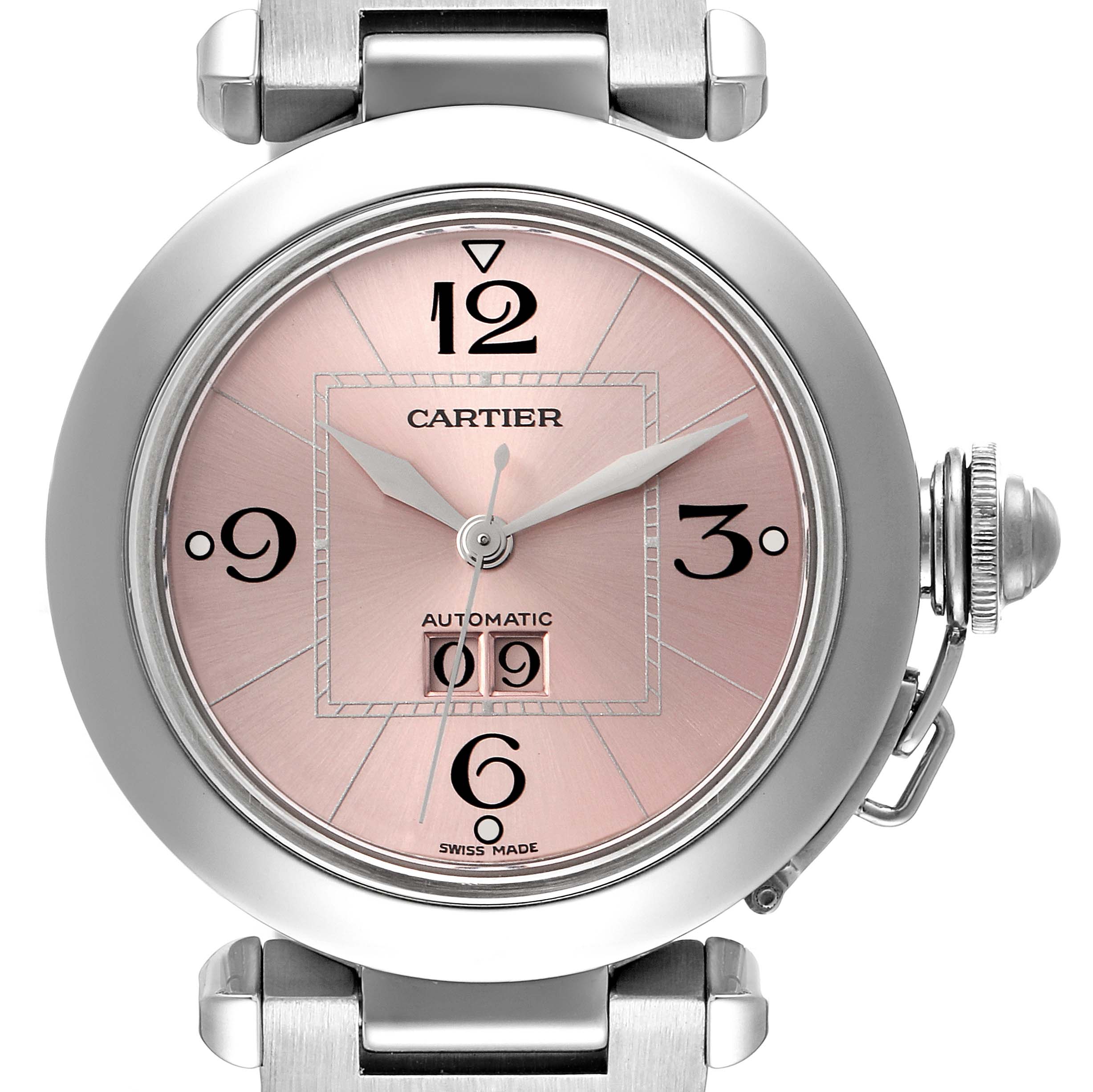 This image shows a close-up front view of the Cartier Pasha W31058M7 Women's Stainless Steel Pink Dial W31058M7 Women's Stainless Steel Pink Dial model watch, highlighting its dial, hands, and bezel.