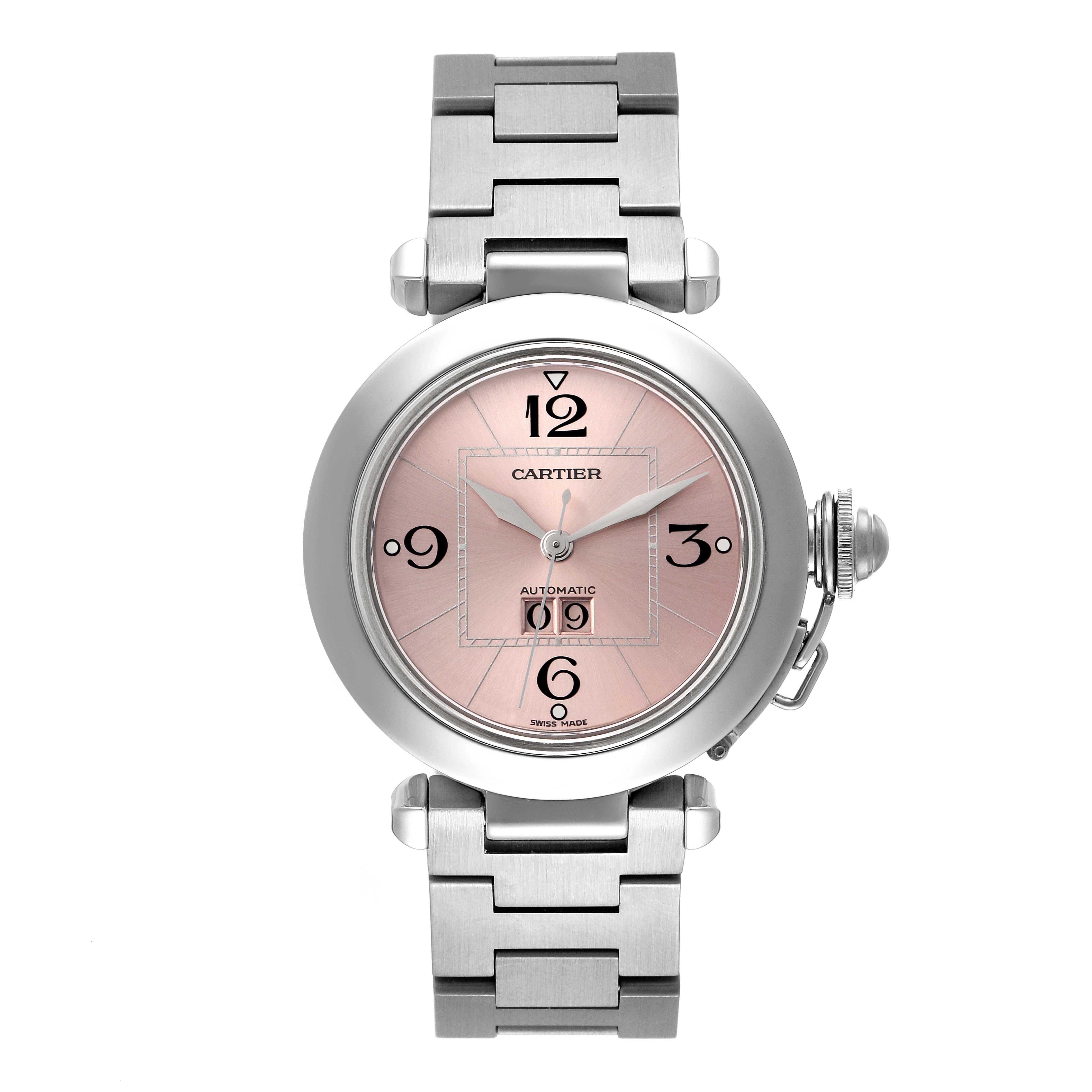 The image shows a Cartier Pasha W31058M7 Women's Stainless Steel Pink Dial W31058M7 Women's Stainless Steel Pink Dial model watch, viewed from the front, displaying the face, bezel, and metal bracelet.