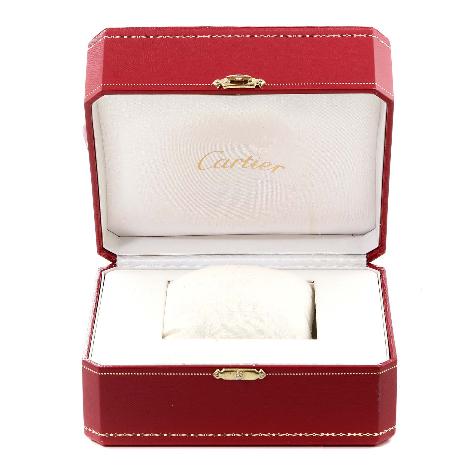 The image shows an open red Cartier box, likely for a Pasha model watch, with a white interior and a cushion.