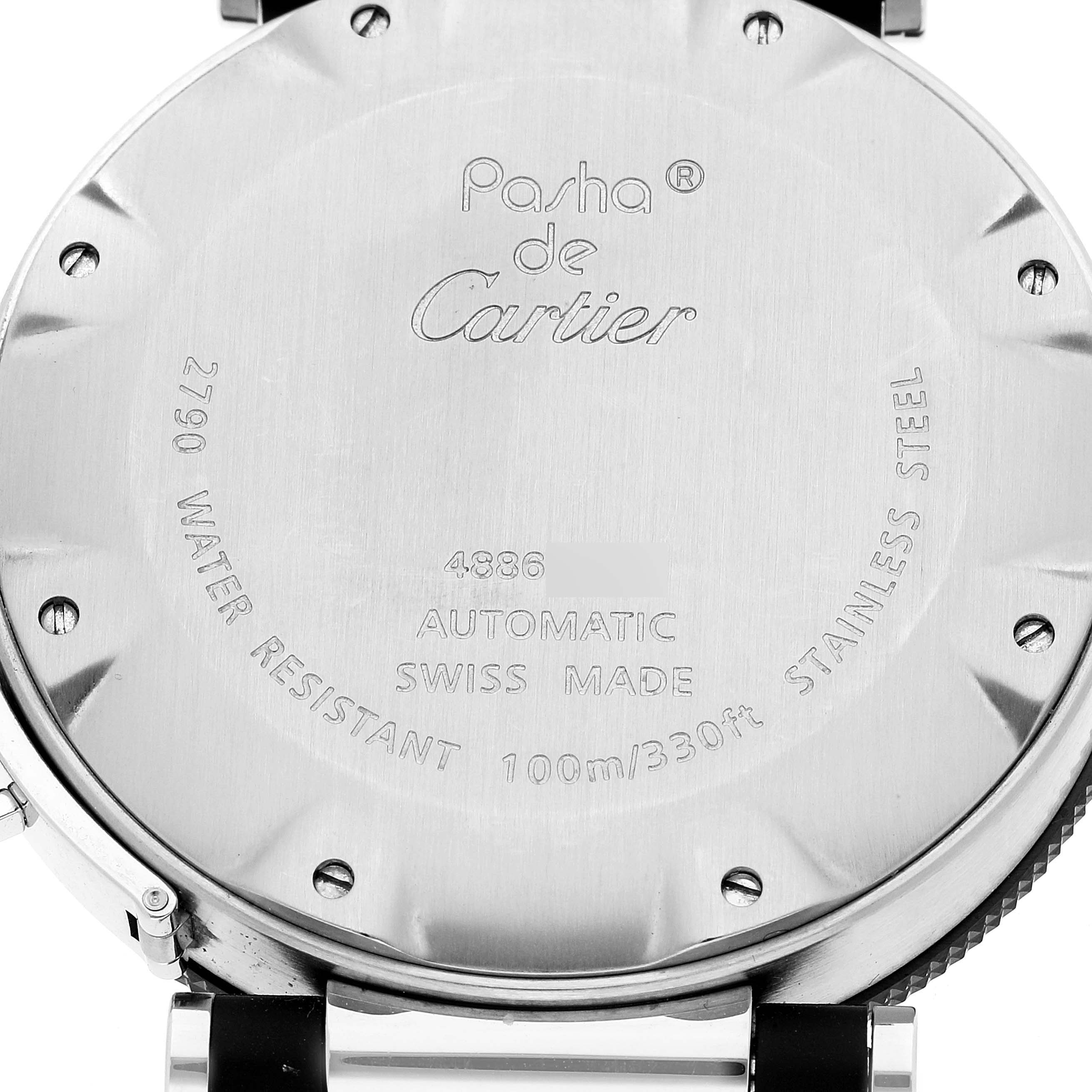 The image shows the back case of a Cartier Pasha W31077U2 Men
s Stainless Steel Black Dial W31077U2 Men
s Stainless Steel Black Dial watch, highlighting the model information and specifications.
