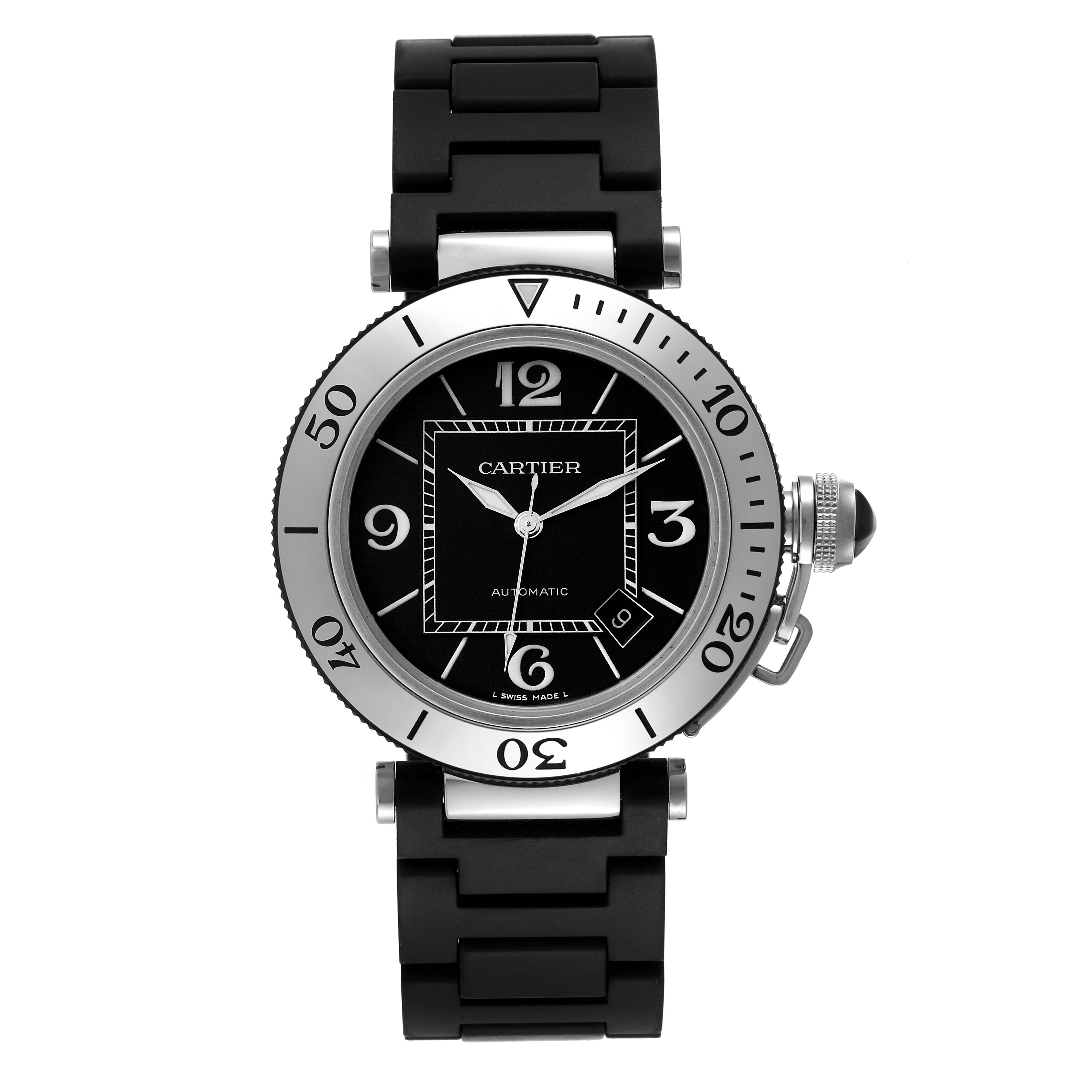 The image shows a front view of the Cartier Pasha W31077U2 Men
s Stainless Steel Black Dial W31077U2 Men
s Stainless Steel Black Dial watch, displaying its black dial, bezel, and rubber strap.