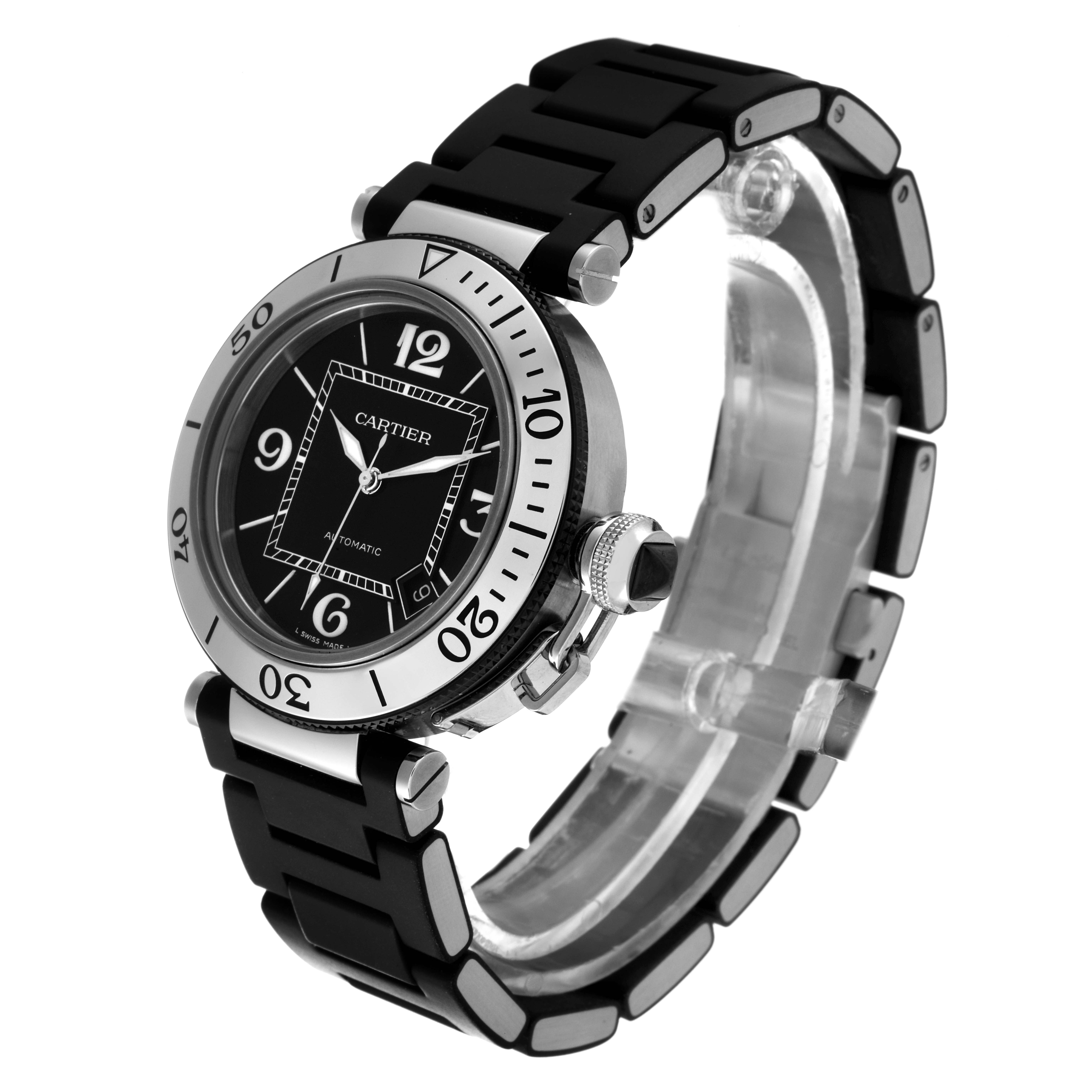 The image shows a Cartier Pasha W31077U2 Men
s Stainless Steel Black Dial W31077U2 Men
s Stainless Steel Black Dial watch from an angled front view, highlighting the face, bezel, and rubber strap.