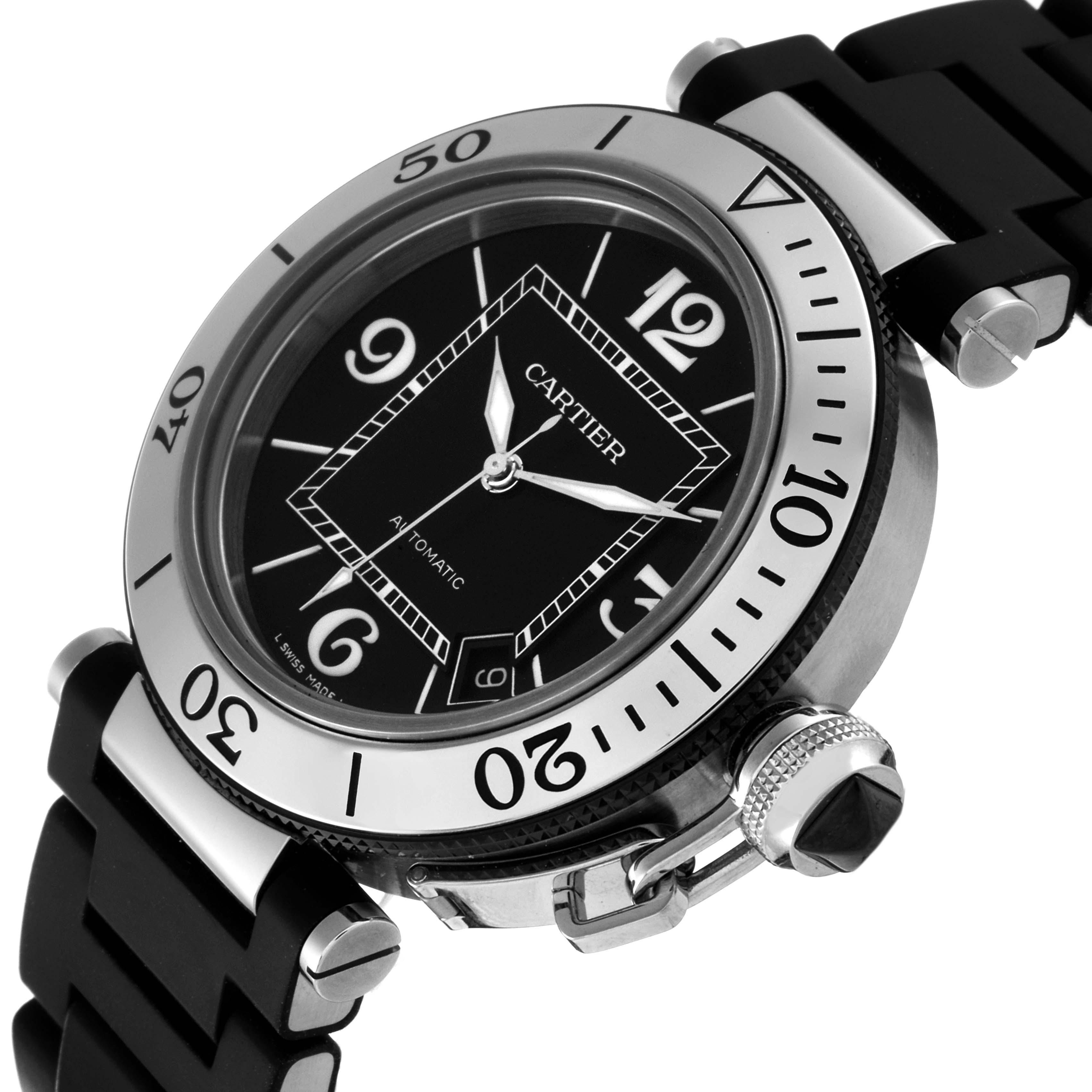 This is a Cartier Pasha W31077U2 Men
s Stainless Steel Black Dial W31077U2 Men
s Stainless Steel Black Dial model watch shown at a slight angle, highlighting the bezel, crown, and strap.