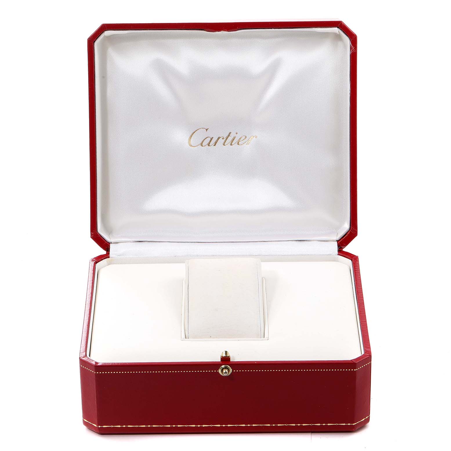 The image shows an open red box for the Cartier Pasha W31077U2 Men
s Stainless Steel Black Dial W31077U2 Men
s Stainless Steel Black Dial watch, with white interior padding and a center cushion.