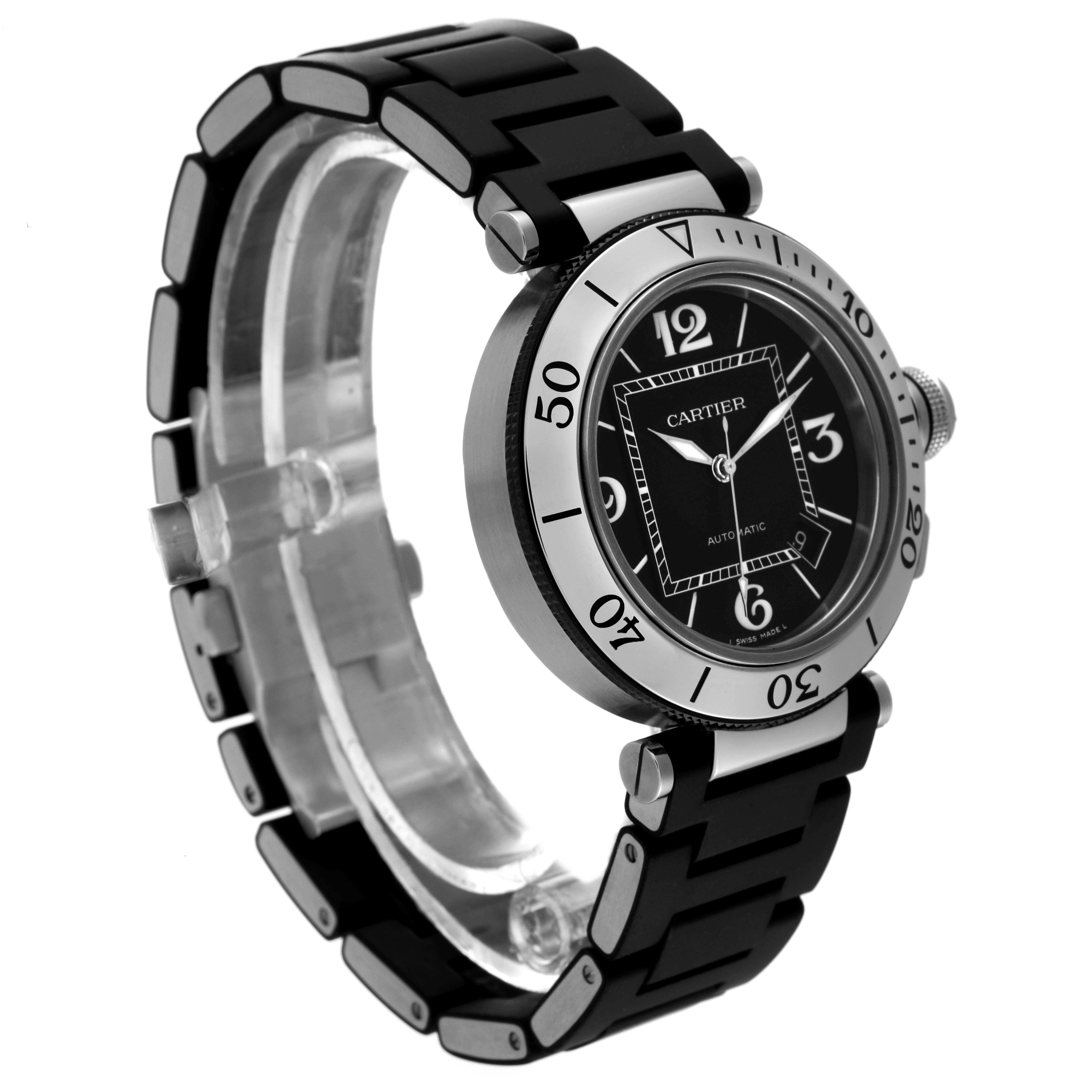 The image depicts a Cartier Pasha W31077U2 Men
s Stainless Steel Black Dial W31077U2 Men
s Stainless Steel Black Dial watch at a three-quarter angle, showcasing the face, bezel, crown, and part of the bracelet.