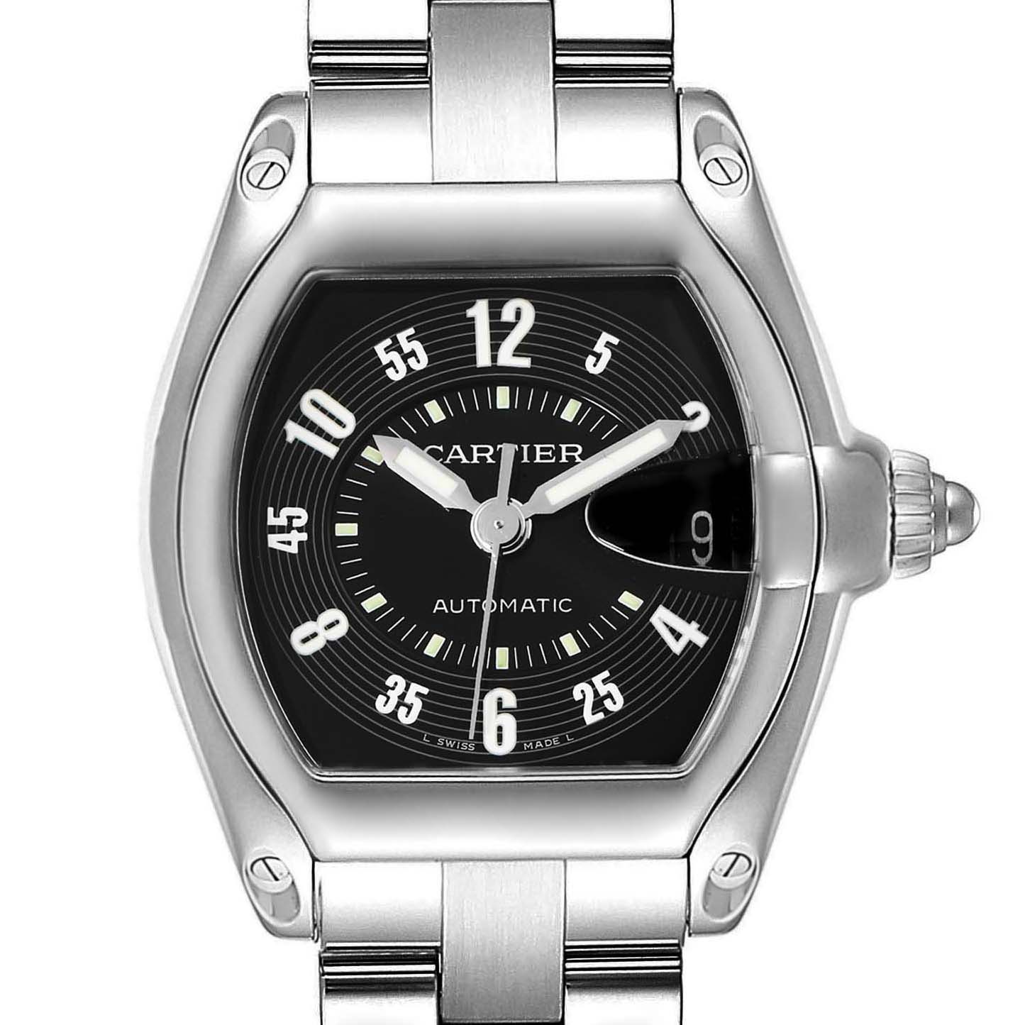 This image shows a front view of the Cartier Roadster W62004V3 Men's Stainless Steel Black Dial W62004V3 Men's Stainless Steel Black Dial watch, highlighting the face, dial, case, and a portion of the metal bracelet.