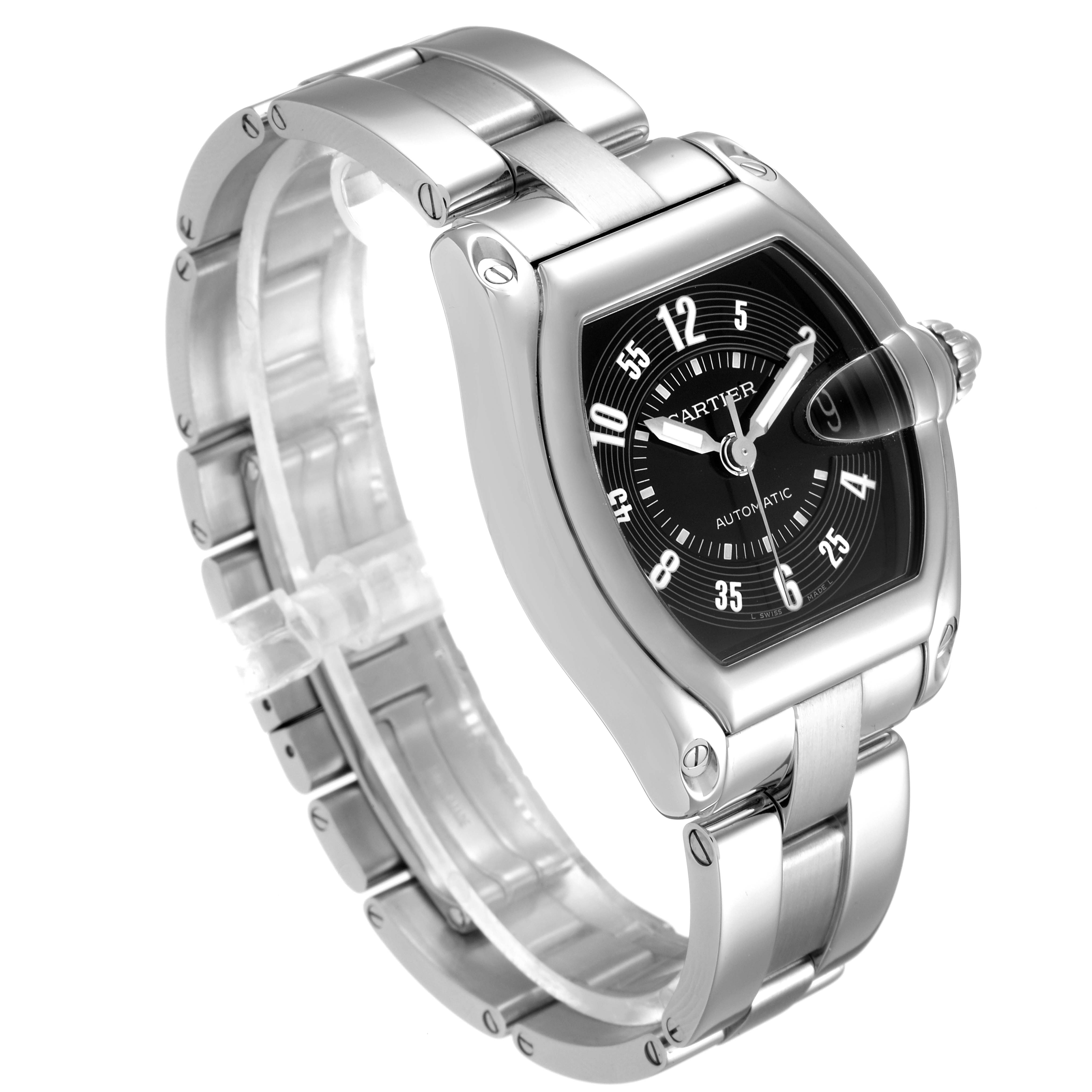 The image shows a Cartier Roadster W62004V3 Men's Stainless Steel Black Dial W62004V3 Men's Stainless Steel Black Dial watch at a three-quarter angle, highlighting the face, case, and metal bracelet.