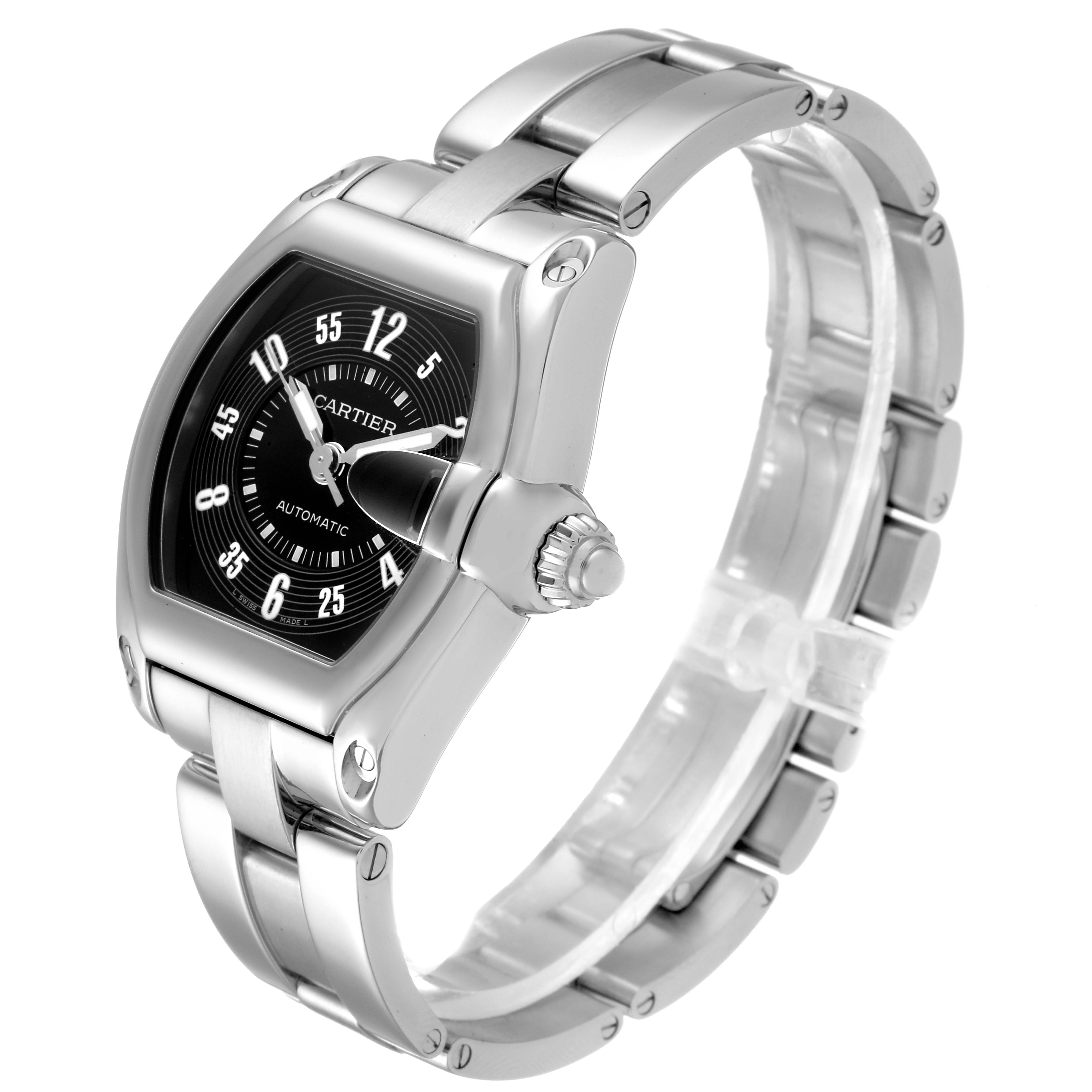 The image shows a Cartier Roadster W62004V3 Men's Stainless Steel Black Dial W62004V3 Men's Stainless Steel Black Dial watch angled from the front right, highlighting its black dial, crown, and metal bracelet.