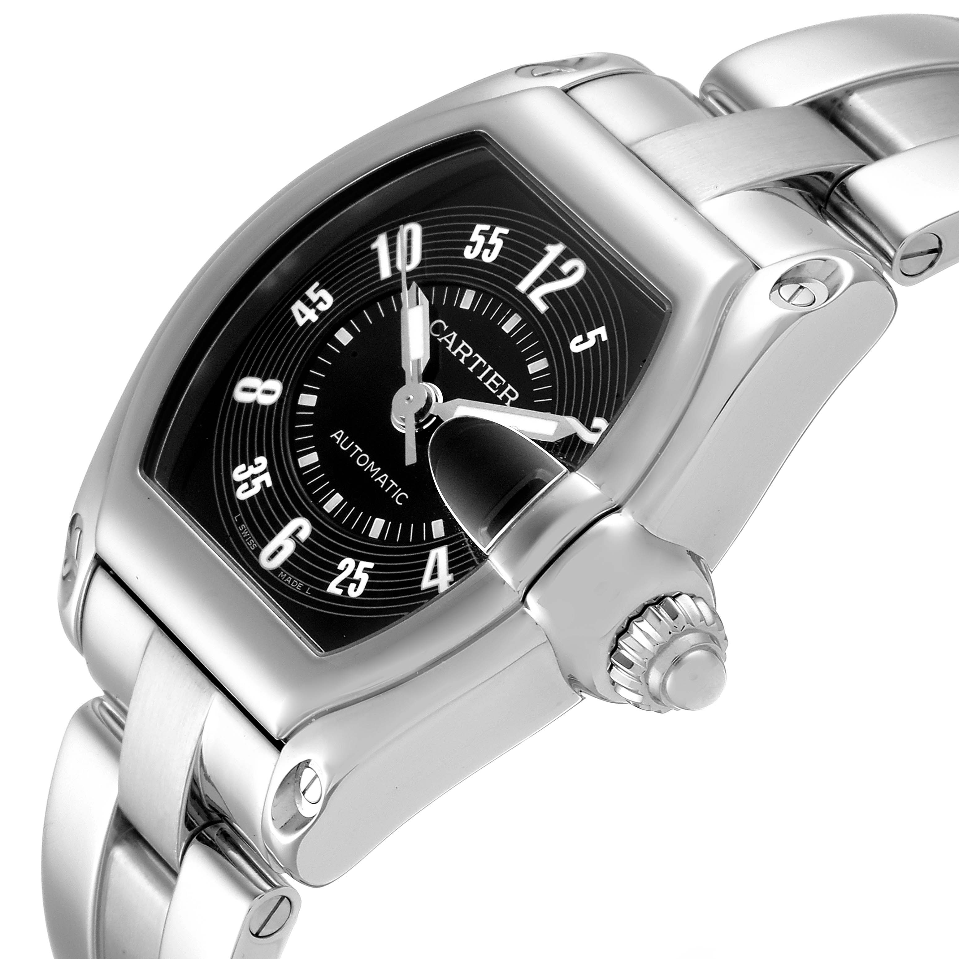 The image shows a close-up side angle of the Cartier Roadster W62004V3 Men's Stainless Steel Black Dial W62004V3 Men's Stainless Steel Black Dial watch, highlighting the dial, bezel, crown, and part of the bracelet.