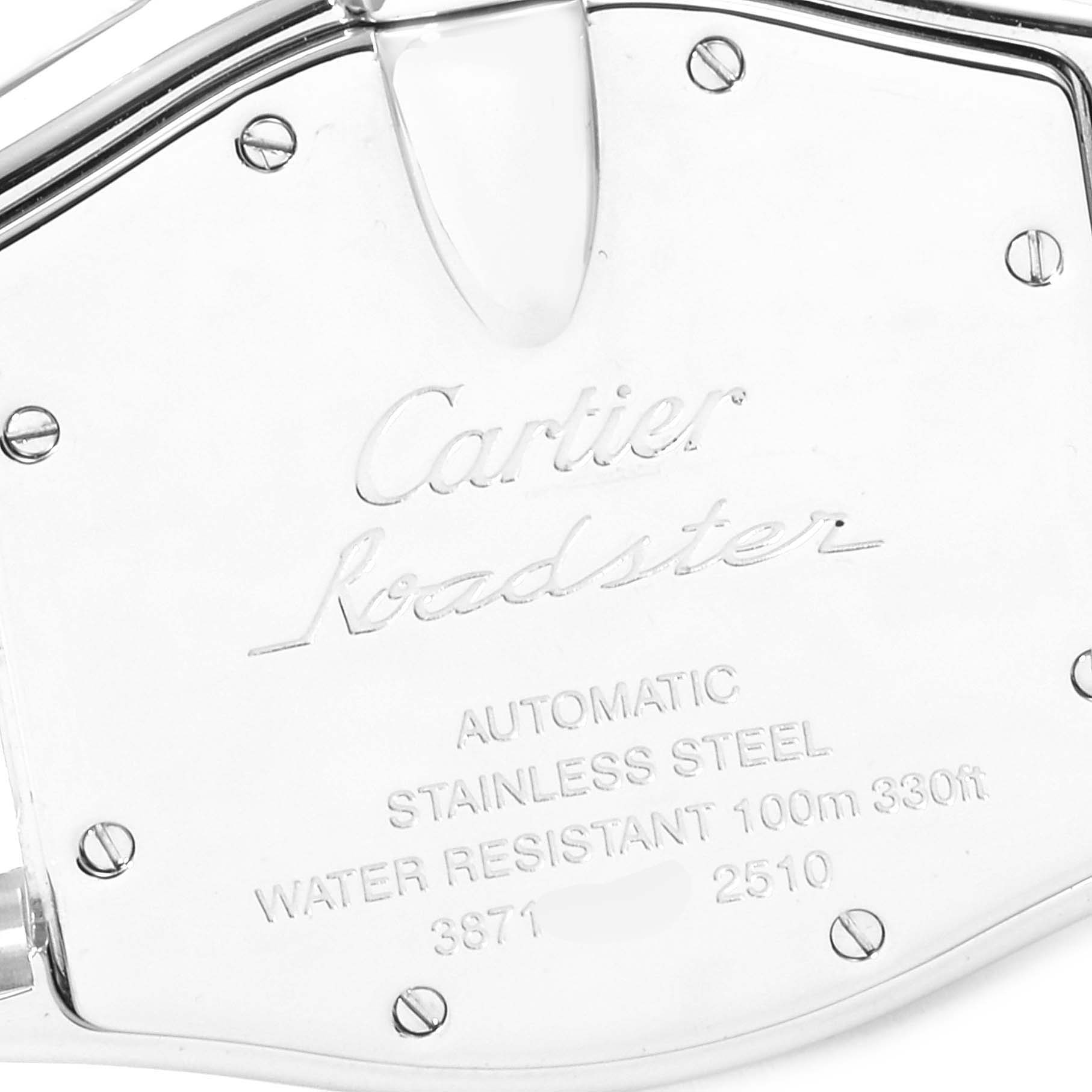 This is the case back of a Cartier Roadster W62004V3 Men's Stainless Steel Black Dial W62004V3 Men's Stainless Steel Black Dial watch, displaying engraved details and screws.