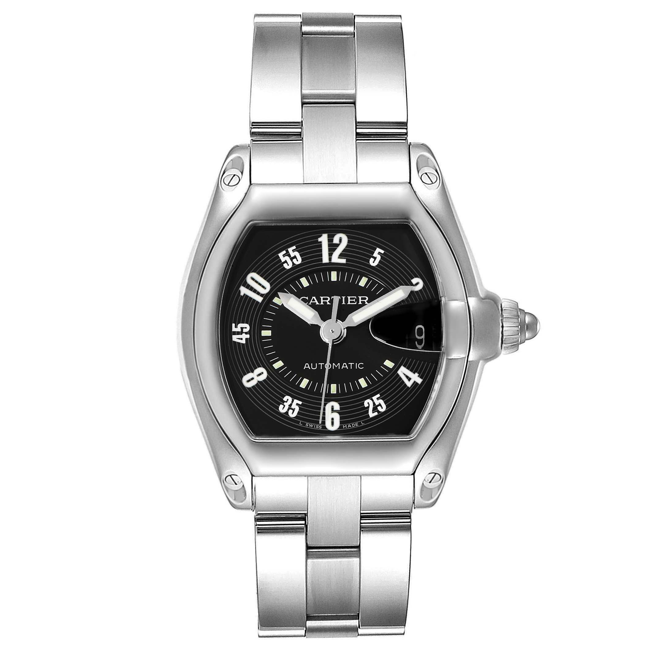 This image shows the front view of a Cartier Roadster W62004V3 Men's Stainless Steel Black Dial W62004V3 Men's Stainless Steel Black Dial watch, displaying its face, bezel, and metal bracelet.