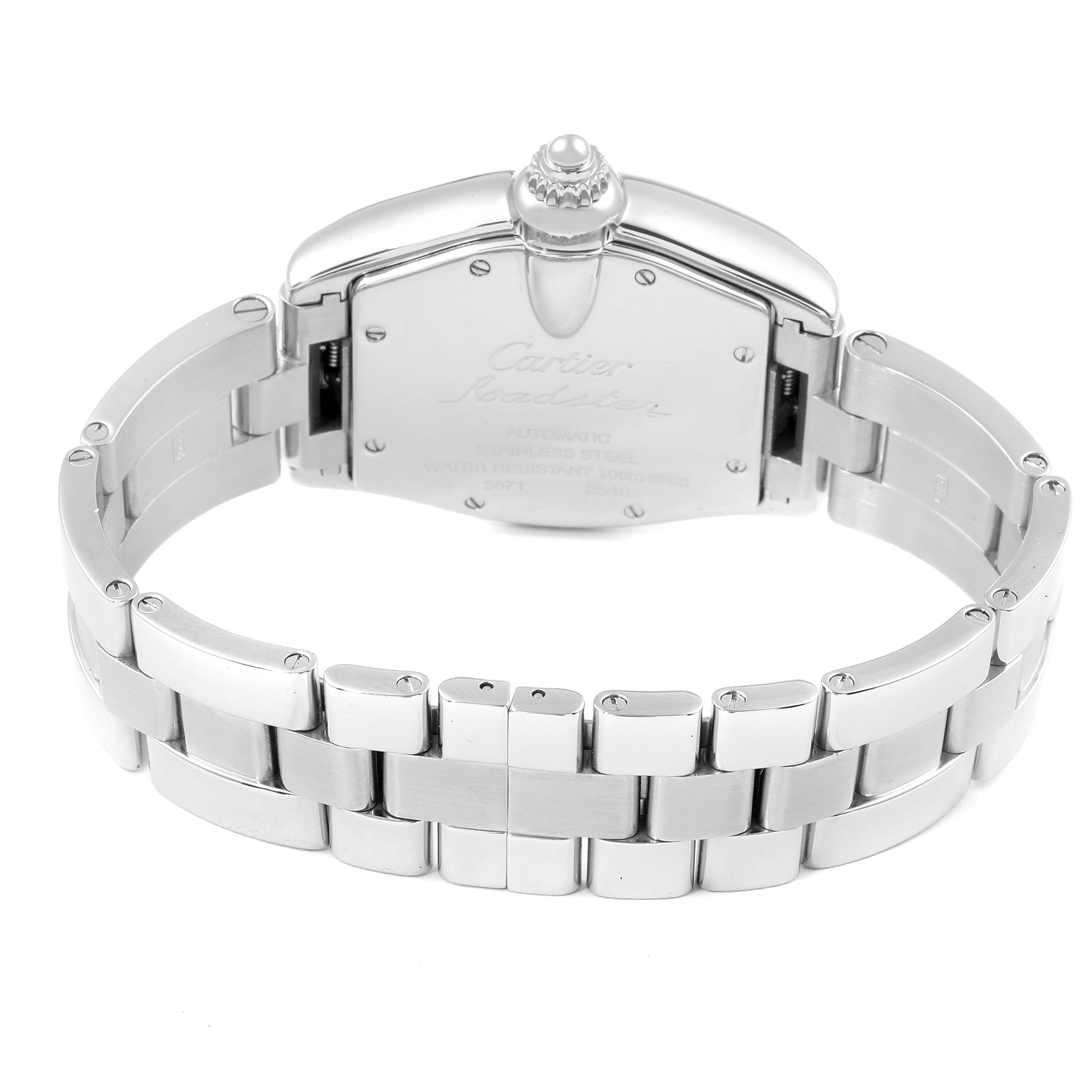 This image shows the back case and bracelet of a Cartier Roadster W62004V3 Men's Stainless Steel Black Dial W62004V3 Men's Stainless Steel Black Dial watch, photographed from a rear angle.