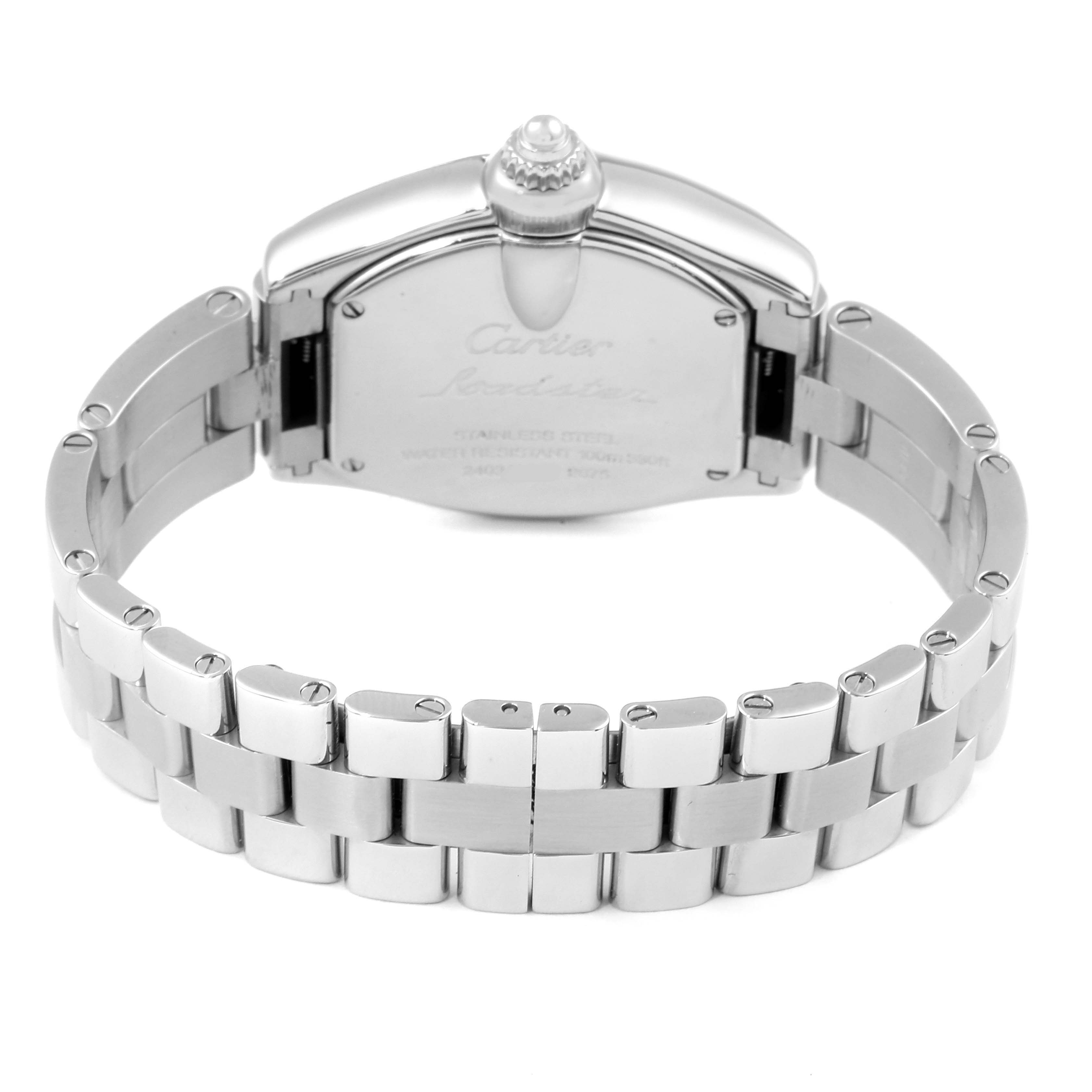 The image shows the back view of a Cartier Roadster W6206006 Women's Stainless Steel Mother of Pearl Dial W6206006 Women's Stainless Steel Mother of Pearl Dial watch, highlighting the bracelet and case back.