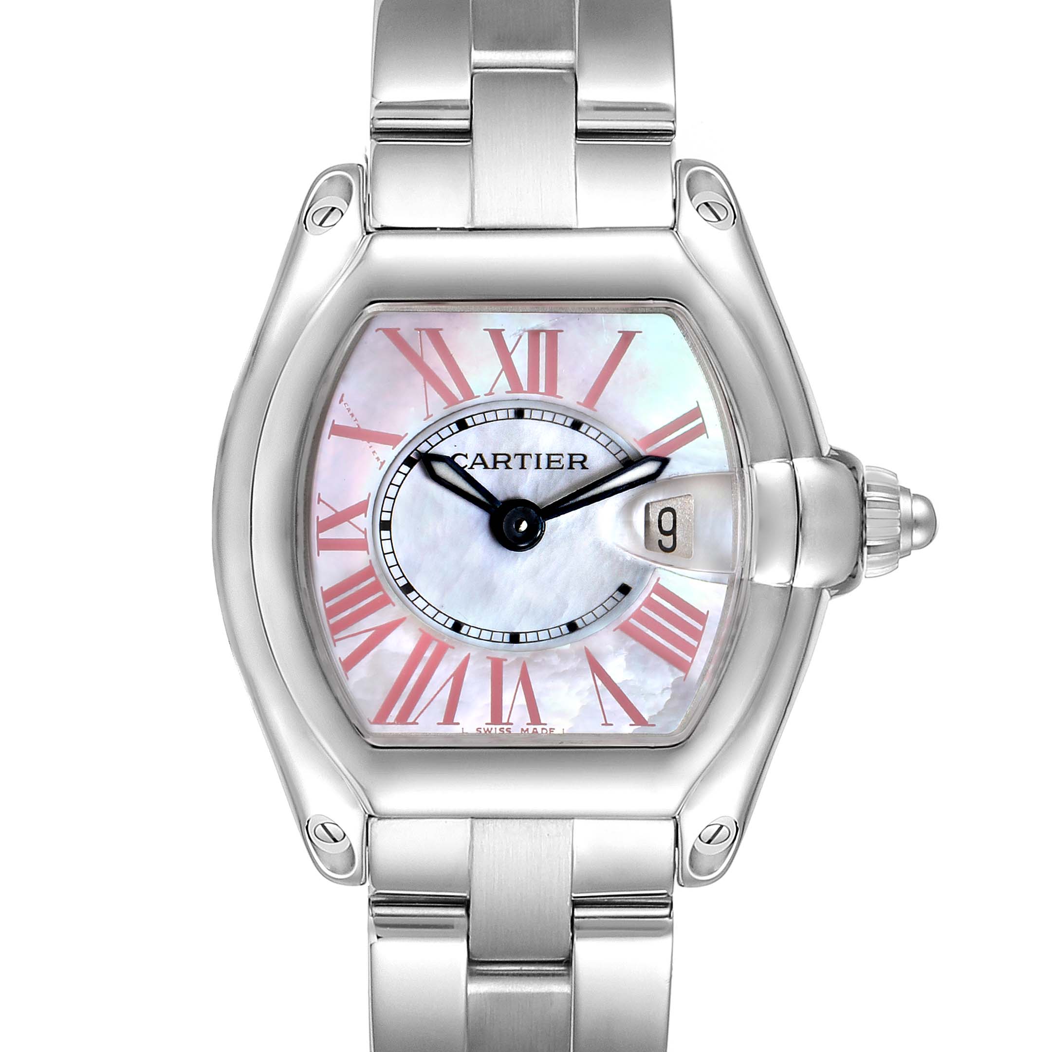 The image shows a Cartier Roadster W6206006 Women's Stainless Steel Mother of Pearl Dial W6206006 Women's Stainless Steel Mother of Pearl Dial watch from a front angle, highlighting the dial, hands, date window, and part of the bracelet.