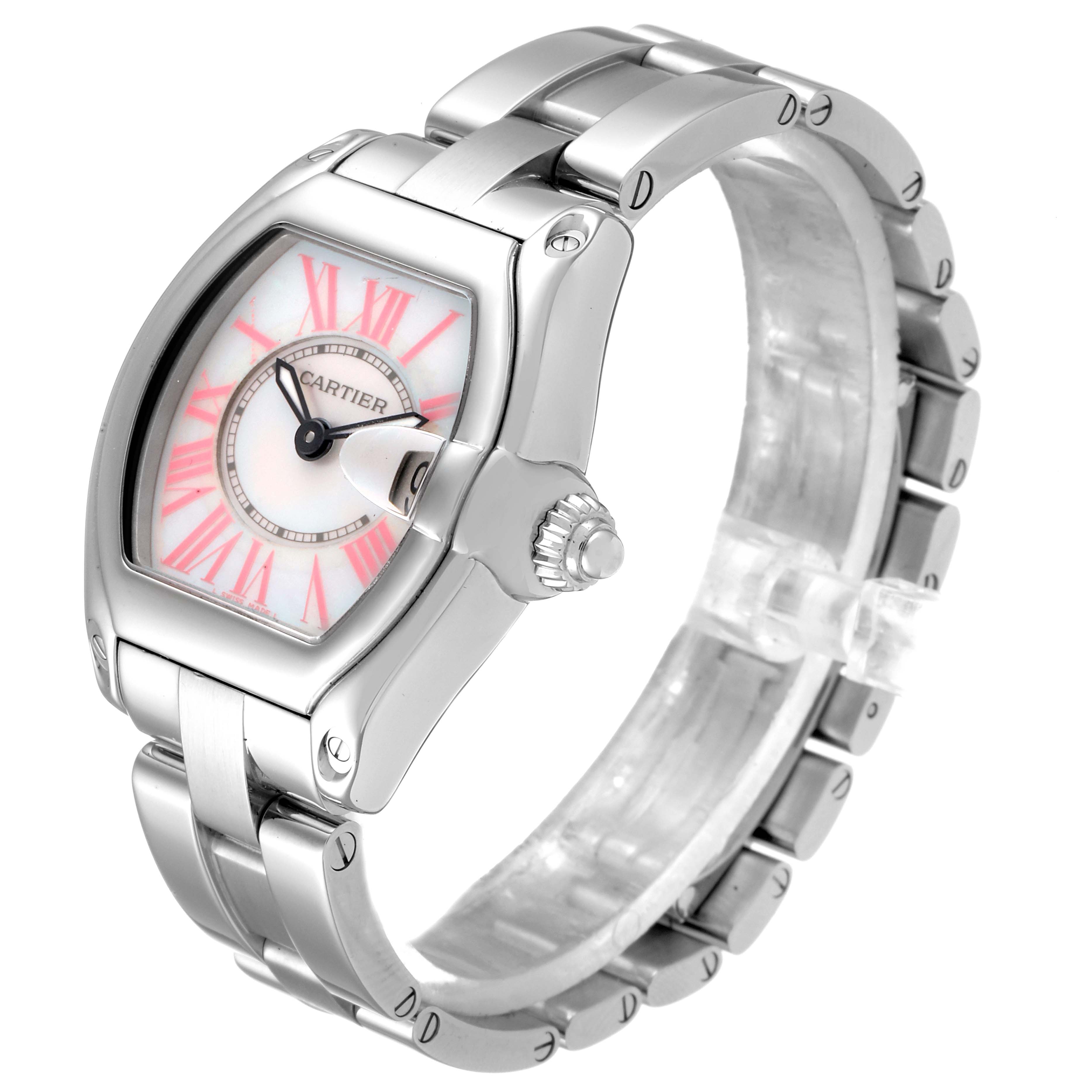 The image shows a Cartier Roadster W6206006 Women's Stainless Steel Mother of Pearl Dial W6206006 Women's Stainless Steel Mother of Pearl Dial watch from a three-quarter angle highlighting the face, crown, and bracelet.