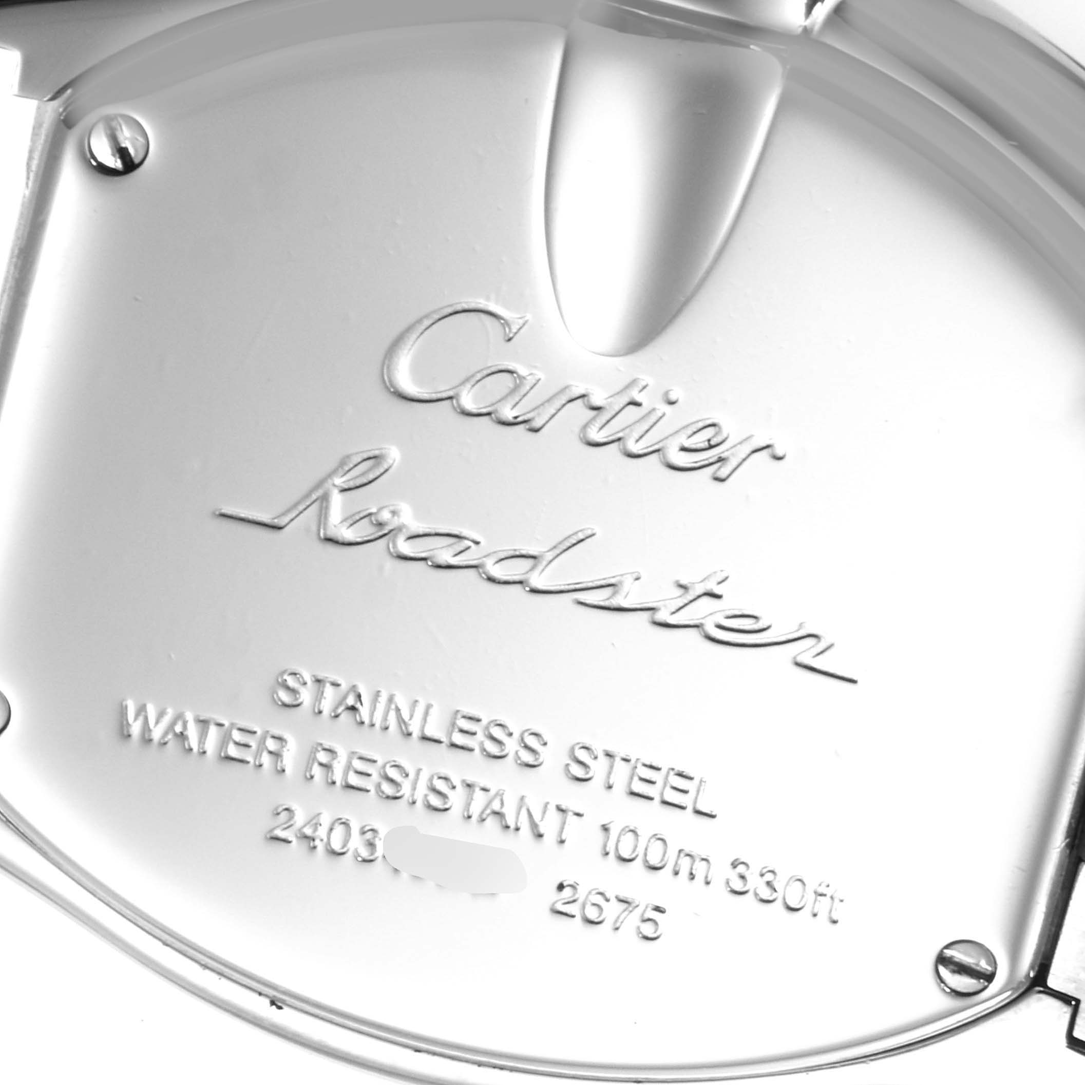The image shows the back case of a Cartier Roadster W6206006 Women's Stainless Steel Mother of Pearl Dial W6206006 Women's Stainless Steel Mother of Pearl Dial watch, highlighting engravings for brand, model, material, and water resistance.
