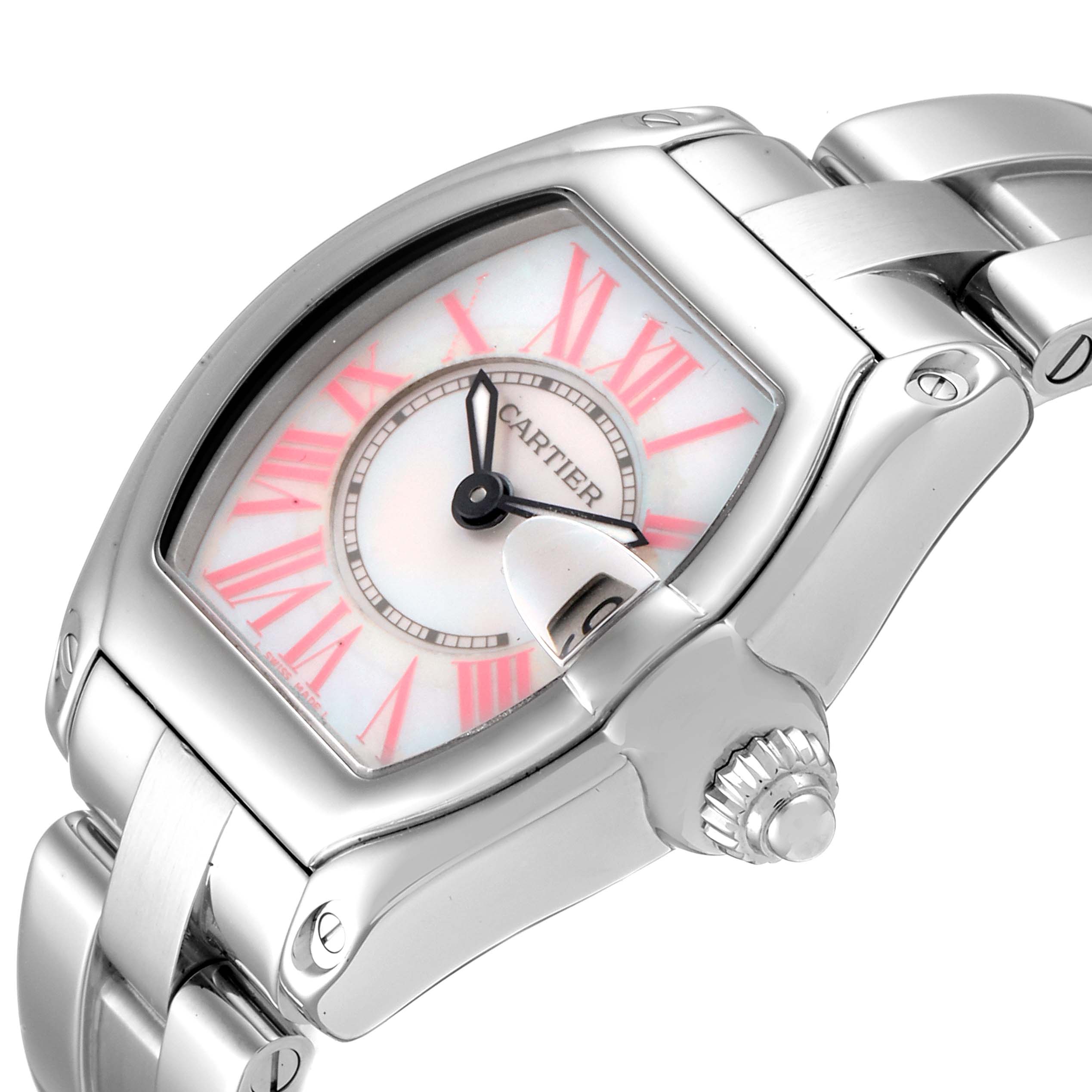 The image shows a Cartier Roadster W6206006 Women's Stainless Steel Mother of Pearl Dial W6206006 Women's Stainless Steel Mother of Pearl Dial watch from an oblique angle, highlighting the face, dial, bezel, and part of the band.