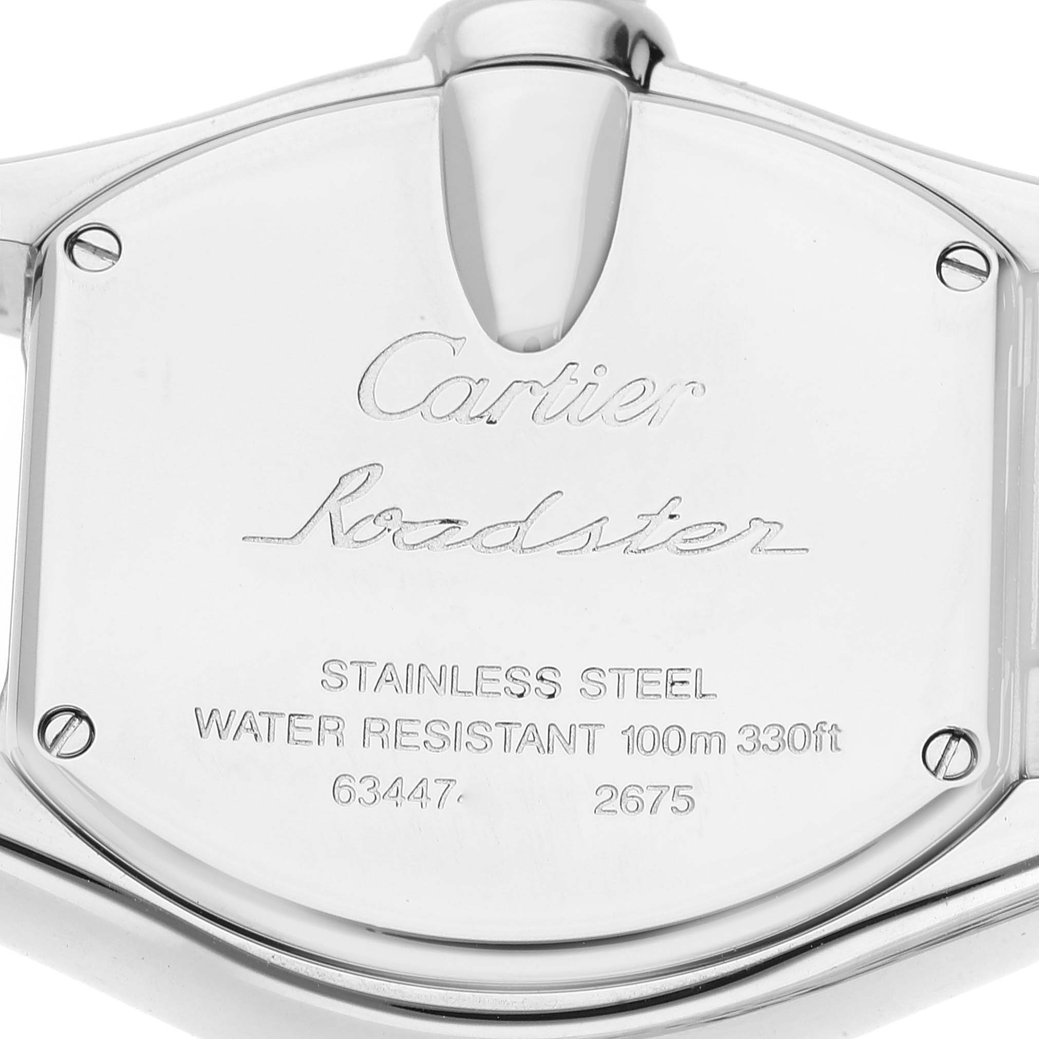 This image shows the back case of a Cartier Roadster W62017V3 Women's Stainless Steel Pink Dial W62017V3 Women's Stainless Steel Pink Dial watch, highlighting its stainless steel material and water resistance.