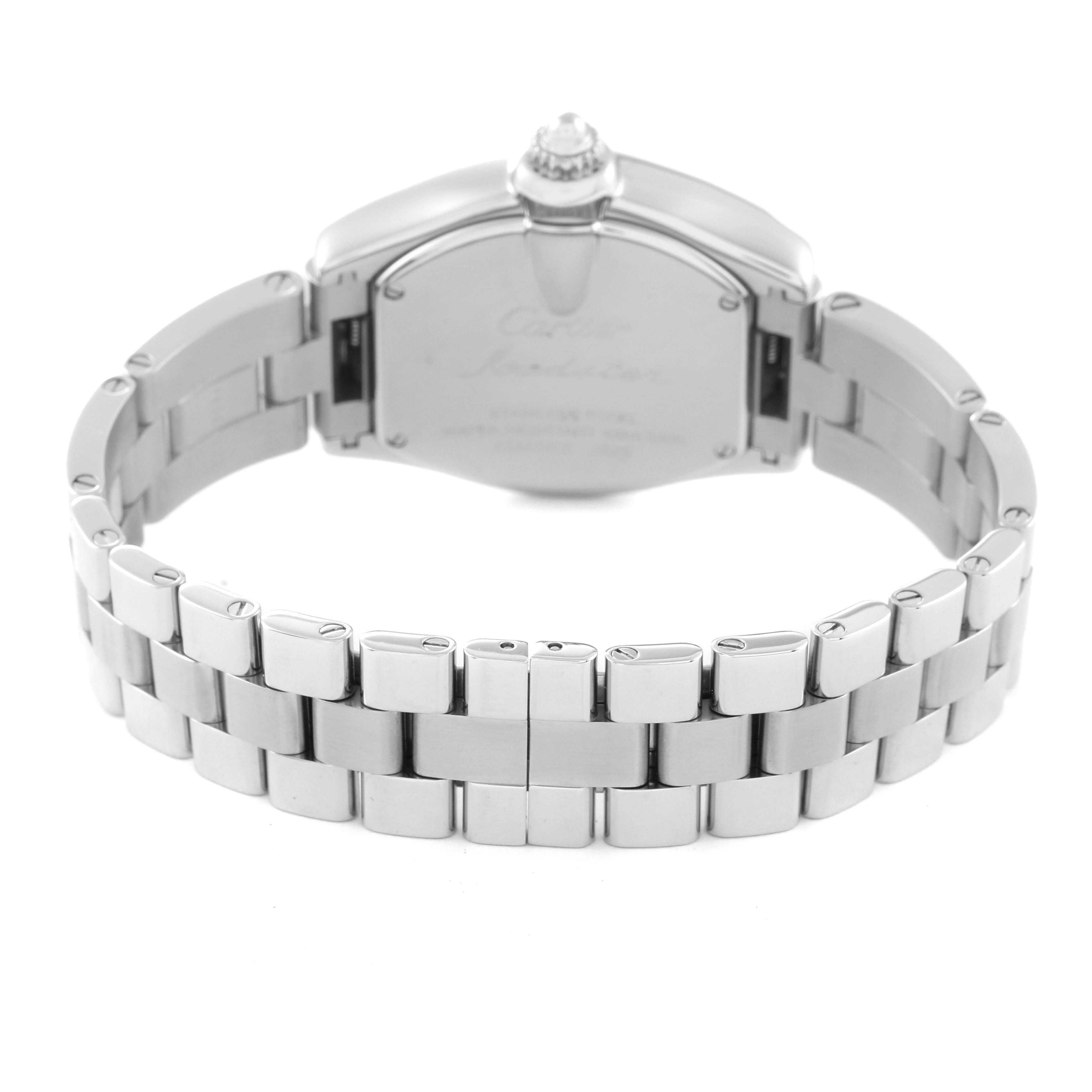 The image shows the back view of a Cartier Roadster W62017V3 Women's Stainless Steel Pink Dial W62017V3 Women's Stainless Steel Pink Dial watch, focusing on its stainless steel case and bracelet.