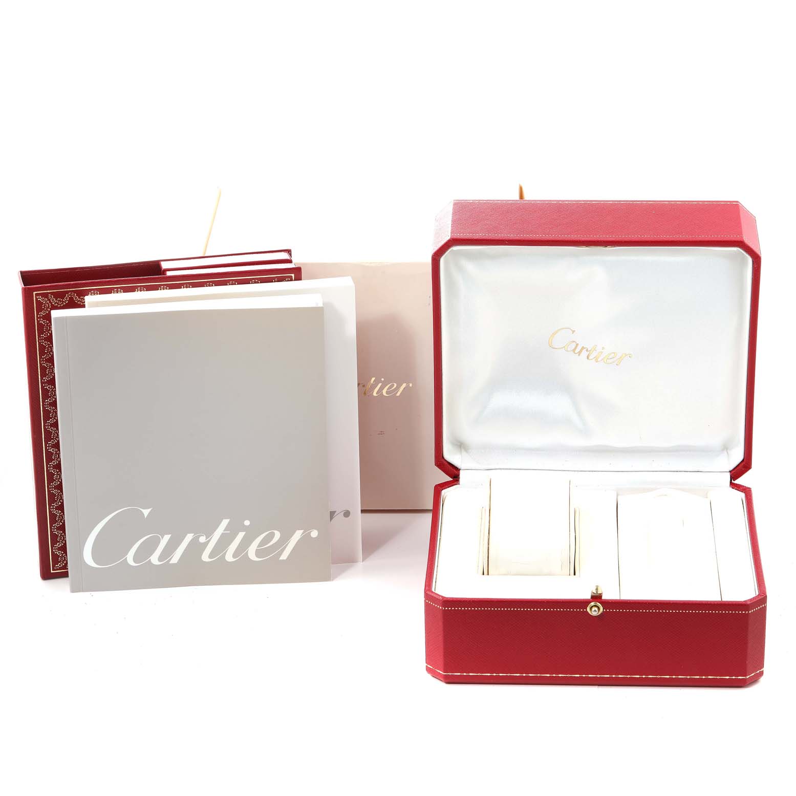 The image shows the box, packaging, and booklets for a Cartier Roadster W62017V3 Women's Stainless Steel Pink Dial W62017V3 Women's Stainless Steel Pink Dial model watch.