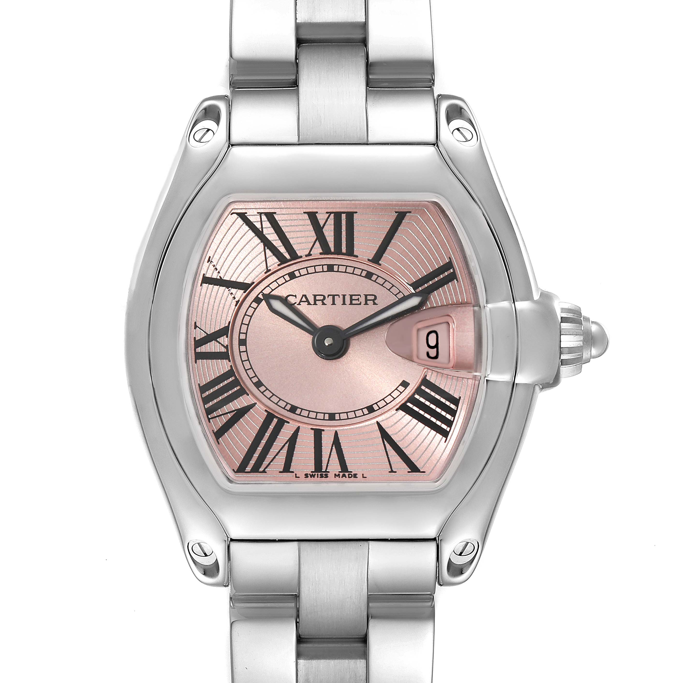 This image shows a front view of a Cartier Roadster W62017V3 Women's Stainless Steel Pink Dial W62017V3 Women's Stainless Steel Pink Dial watch, highlighting the dial, case, and part of the bracelet.