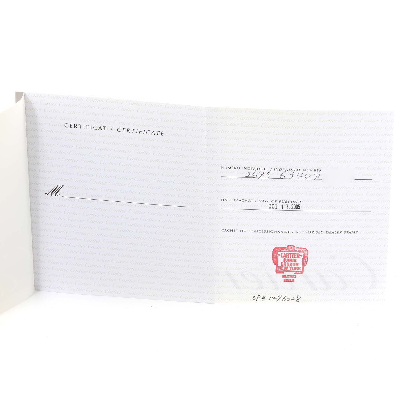 This image shows a certificate of authenticity for the Cartier Roadster W62017V3 Women's Stainless Steel Pink Dial W62017V3 Women's Stainless Steel Pink Dial model watch, with handwritten details and an authorized dealer stamp.