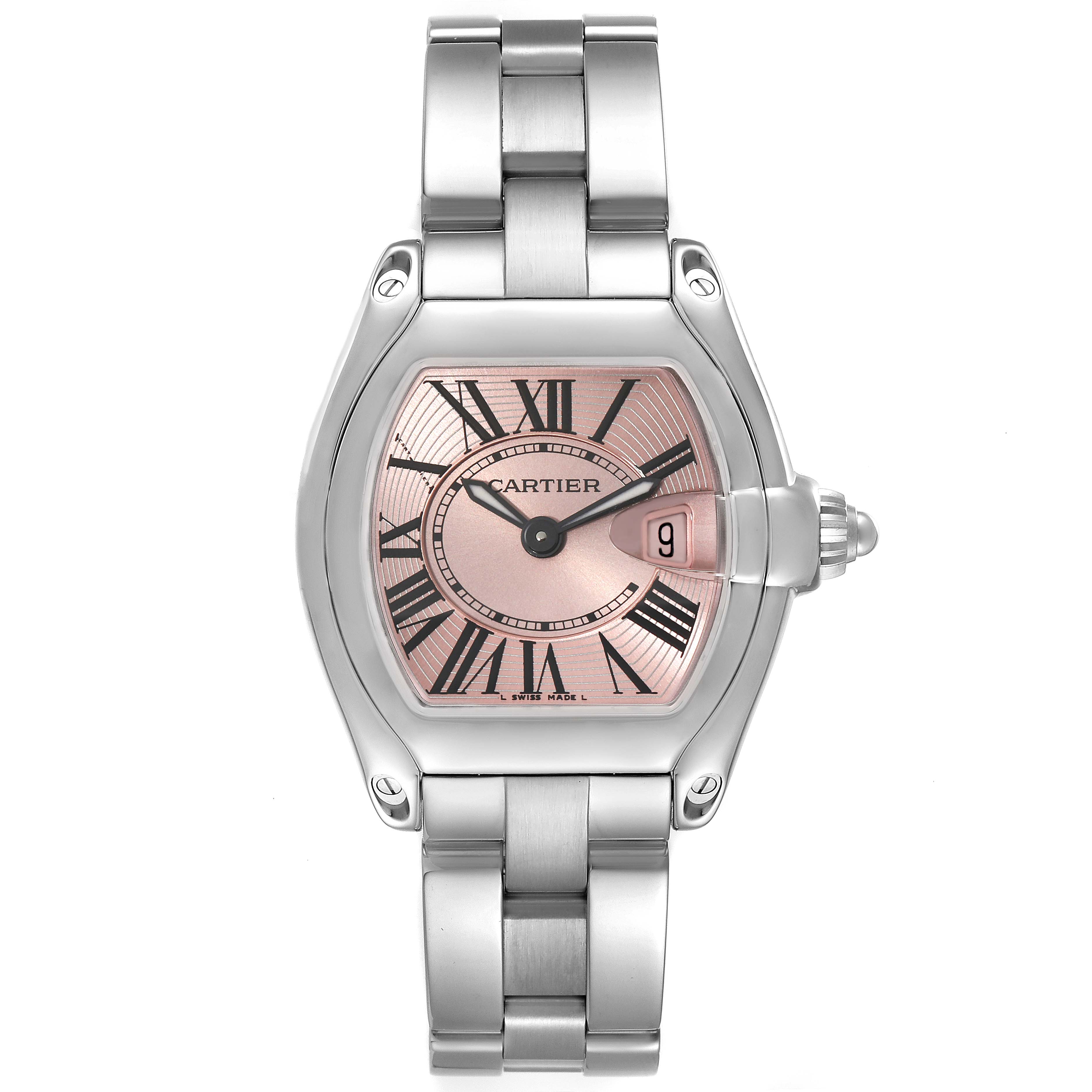 The image shows a Cartier Roadster W62017V3 Women's Stainless Steel Pink Dial W62017V3 Women's Stainless Steel Pink Dial watch from a front view, highlighting the face, case, and bracelet.