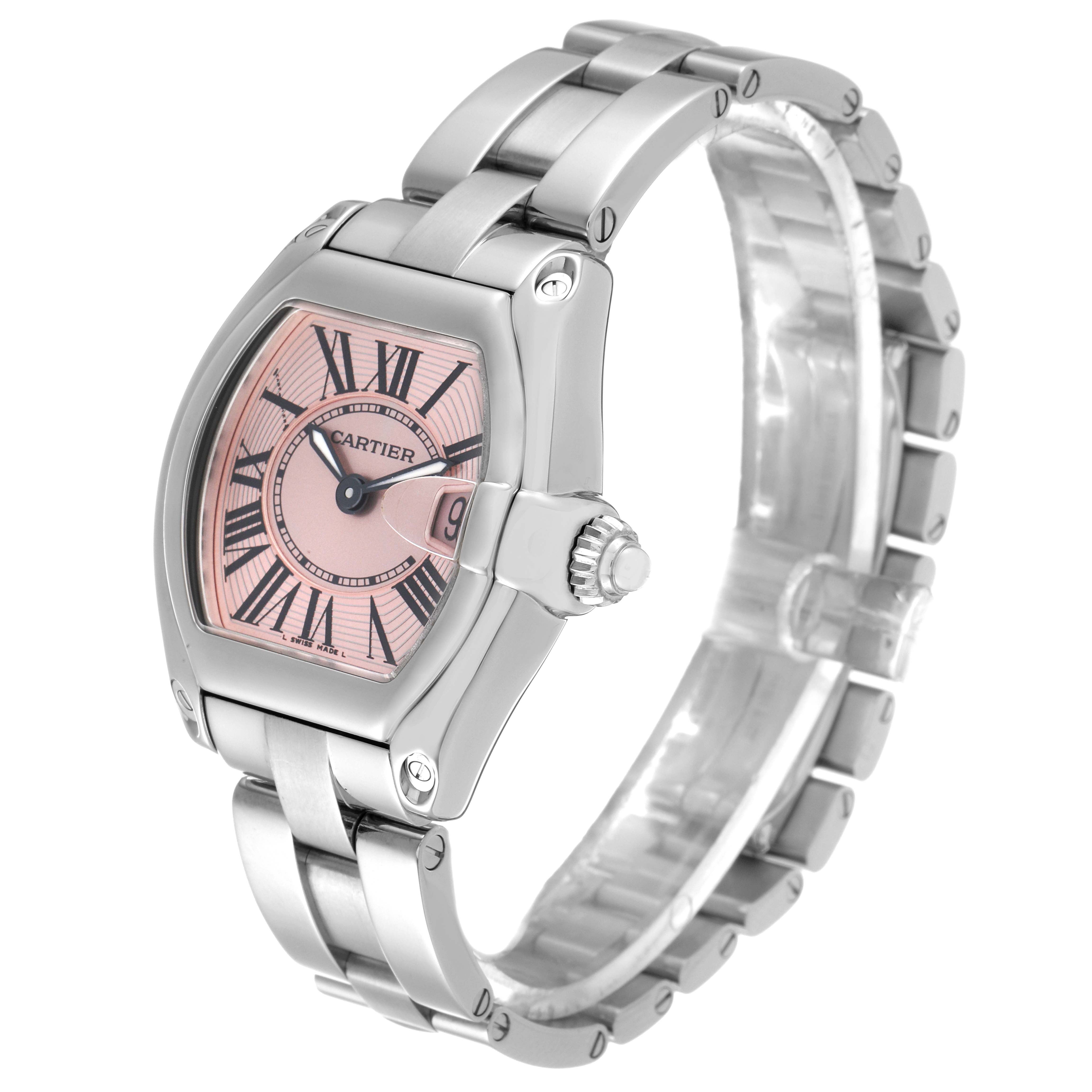 The Cartier Roadster W62017V3 Women's Stainless Steel Pink Dial W62017V3 Women's Stainless Steel Pink Dial watch is shown from a 3/4 angle displaying the face, crown, and bracelet.
