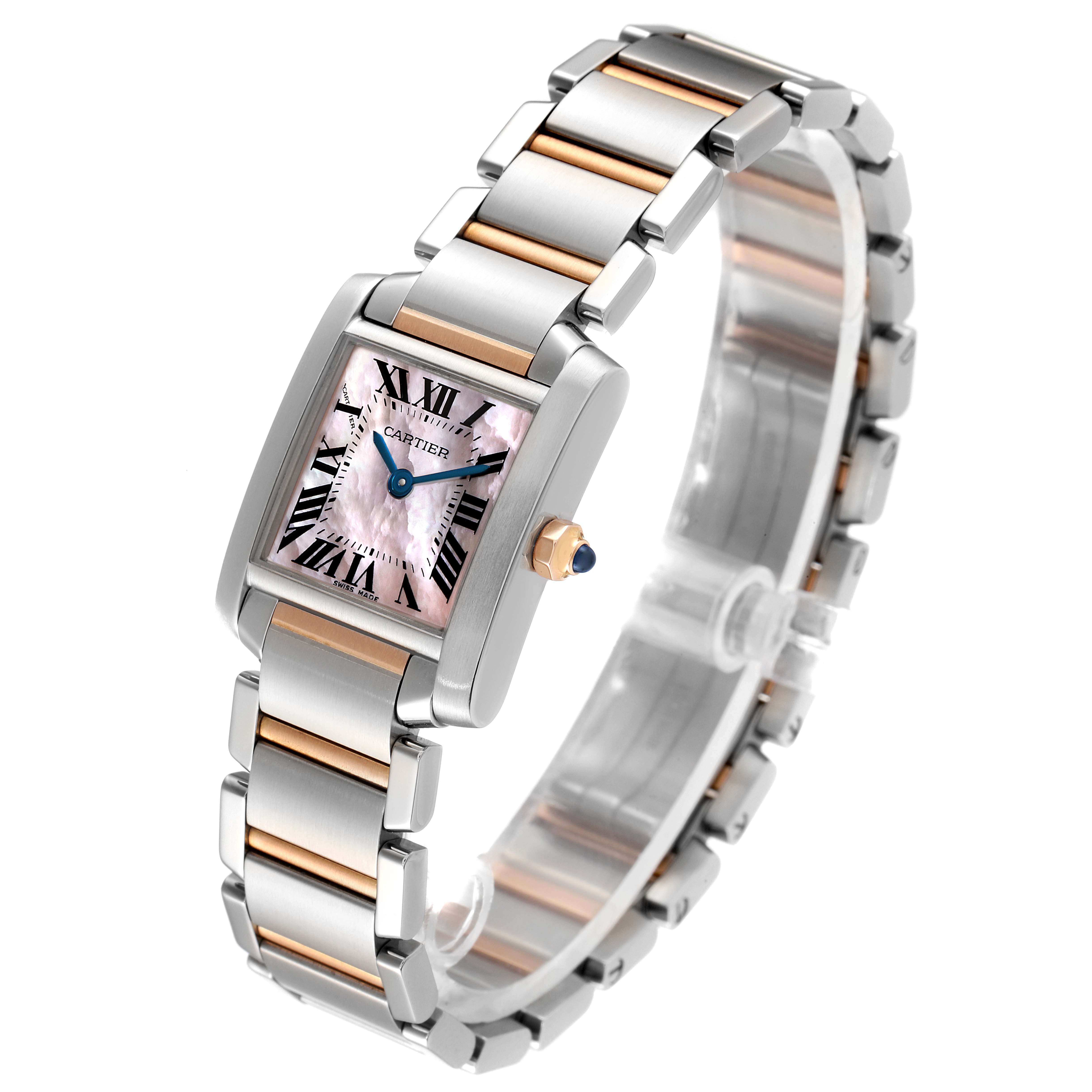 The image shows a Cartier Tank Française watch from an angled view, highlighting the watch face and two-tone metal bracelet.