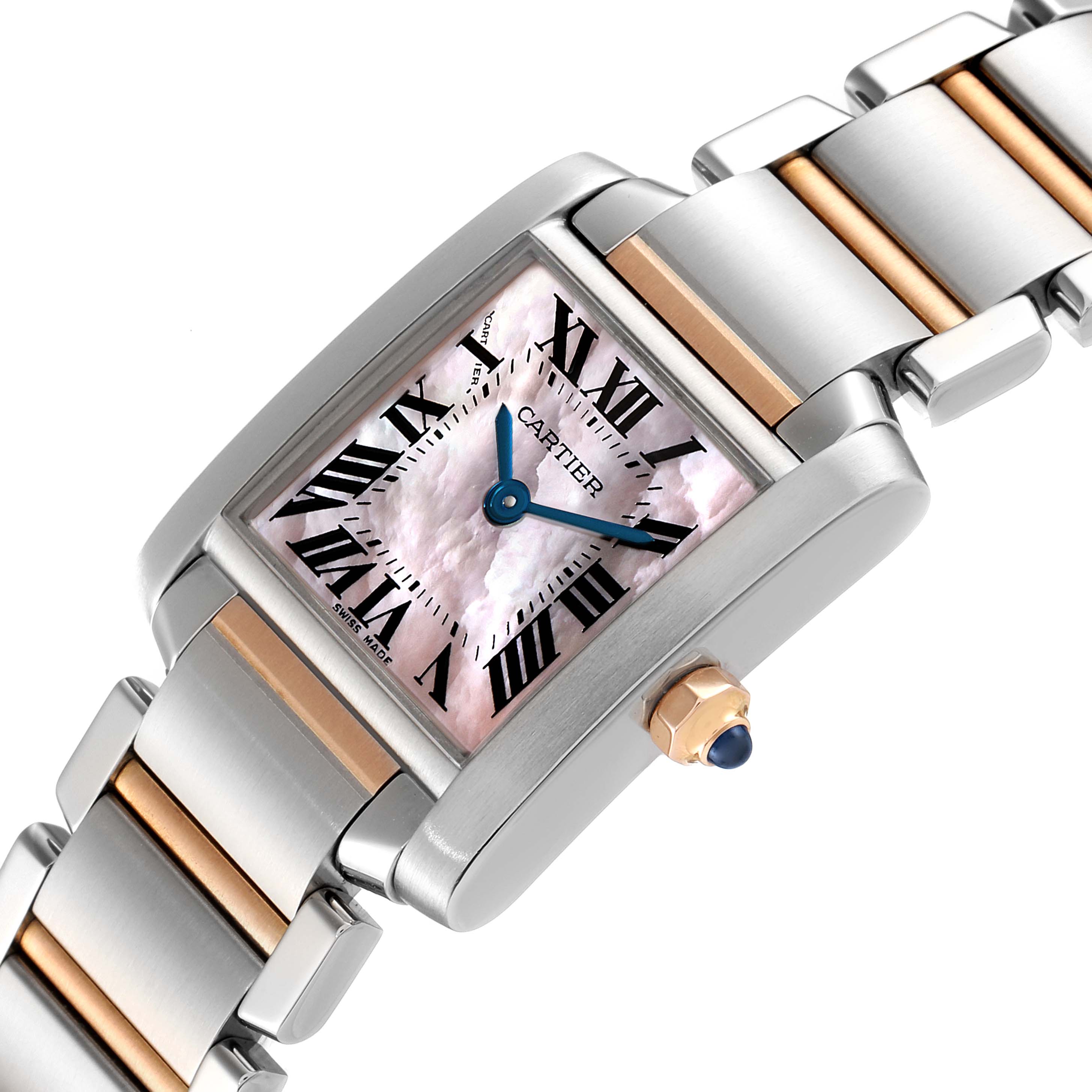 The image shows a close-up, angled view of a Cartier Tank Francaise W51027Q4 Women
s Stainless Steel Mother of Pearl Dial W51027Q4 Women
s Stainless Steel Mother of Pearl Dial watch, highlighting its face, bezel, and bracelet.