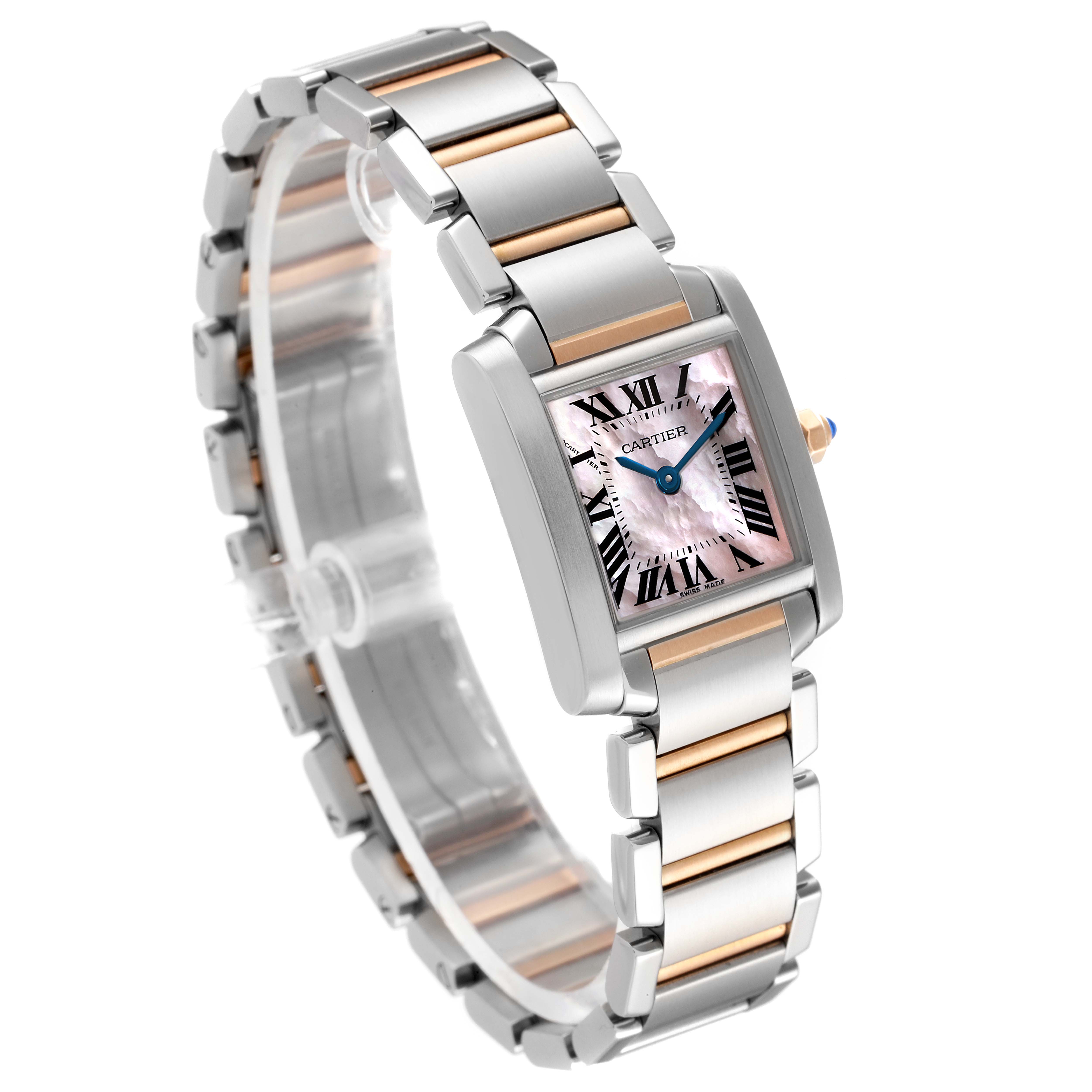 The image shows a Cartier Tank Francaise W51027Q4 Women
s Stainless Steel Mother of Pearl Dial W51027Q4 Women
s Stainless Steel Mother of Pearl Dial watch from a side angle, highlighting its bracelet and face with Roman numerals.