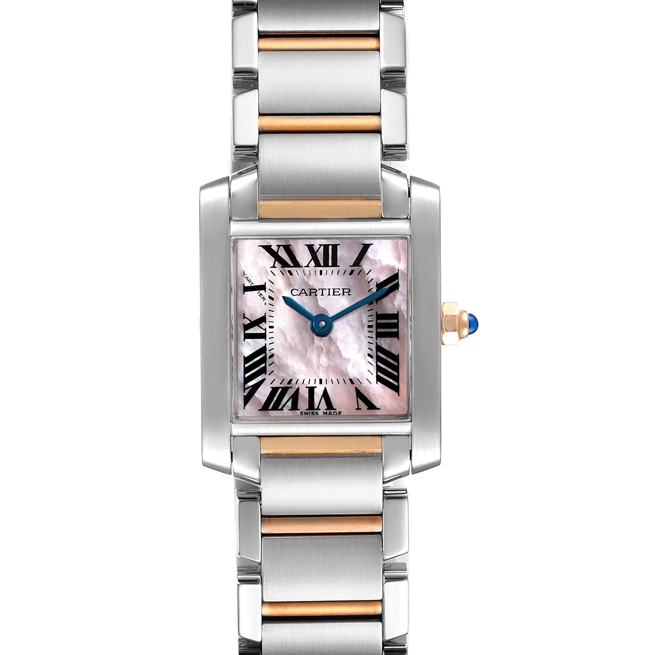 The image shows a front view of the Cartier Tank Francaise W51027Q4 Women
s Stainless Steel Mother of Pearl Dial W51027Q4 Women
s Stainless Steel Mother of Pearl Dial watch, displaying its square face, Roman numerals, and metal bracelet.