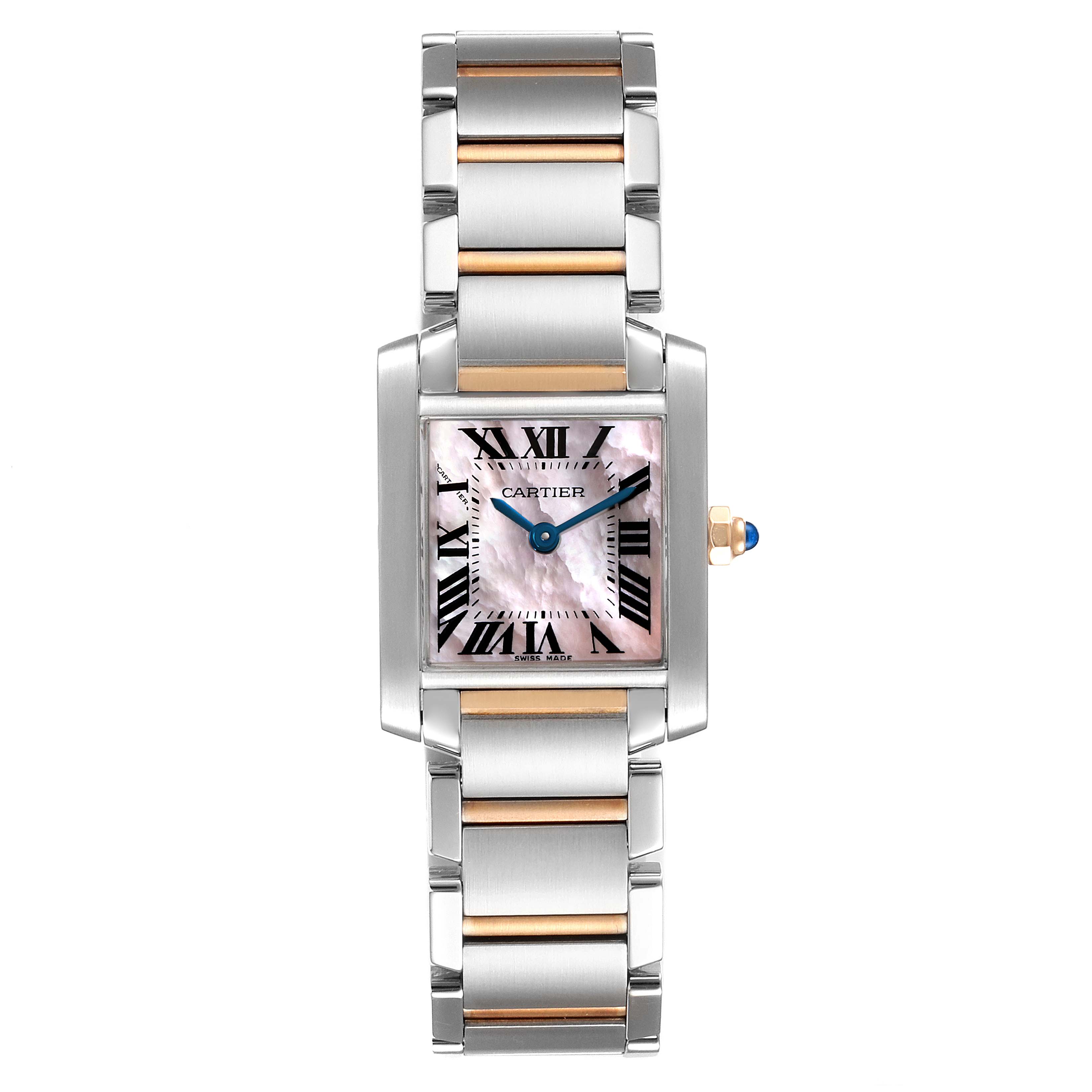 The image shows a Tank Francaise model by Cartier from a top-down angle, highlighting its face and bracelet.