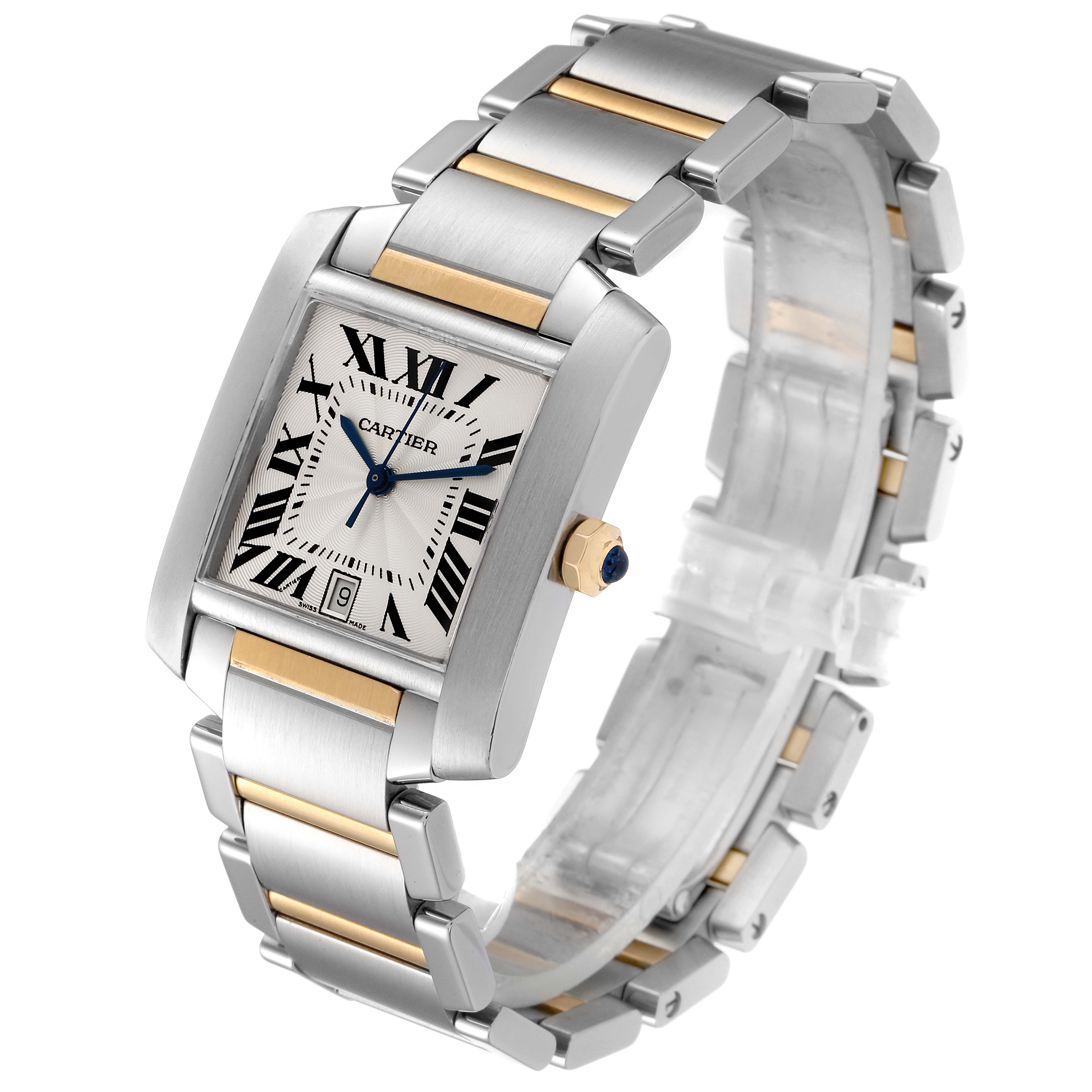 The Cartier Tank Francaise W51005Q4 Men's Steel and Gold (two tone) Silver Dial W51005Q4 Men's Steel and Gold (two tone) Silver Dial watch is shown at a three-quarter angle, highlighting the face, crown, and two-tone bracelet.