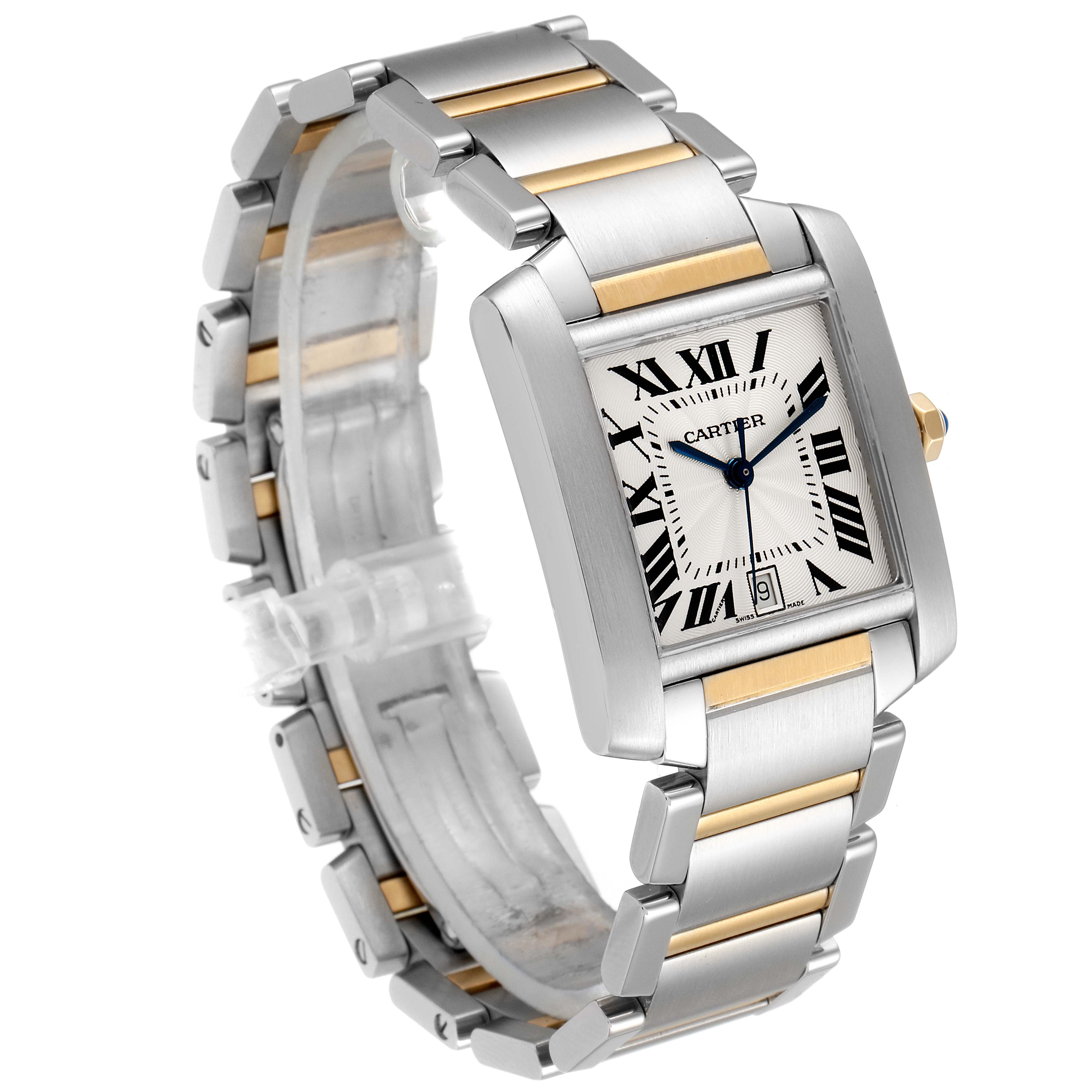 This image shows a Cartier Tank Francaise W51005Q4 Men's Steel and Gold (two tone) Silver Dial W51005Q4 Men's Steel and Gold (two tone) Silver Dial watch at a three-quarter angle, highlighting its bracelet and rectangular face.