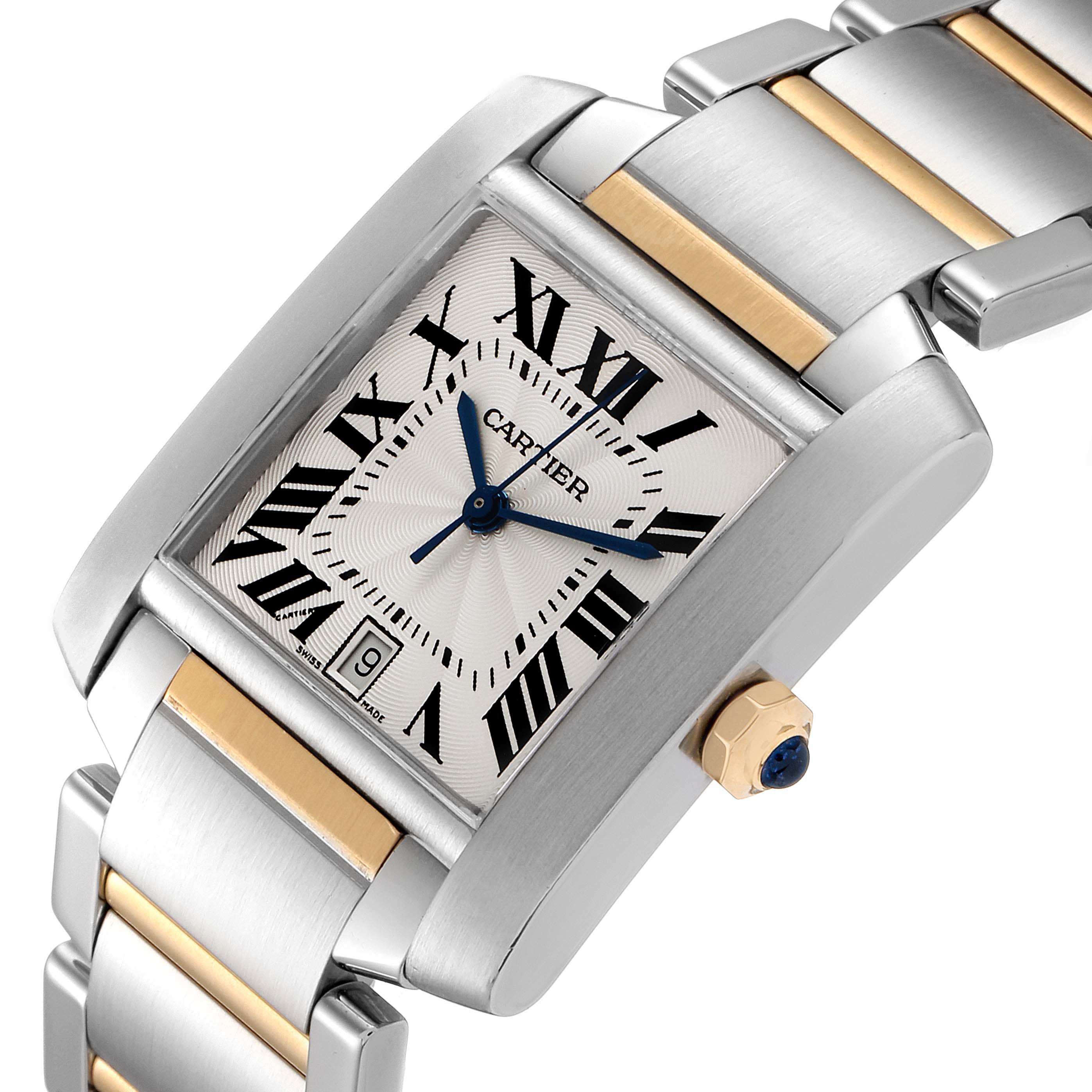 This image shows a close-up angled view of the Cartier Tank Francaise W51005Q4 Men's Steel and Gold (two tone) Silver Dial W51005Q4 Men's Steel and Gold (two tone) Silver Dial watch, highlighting its face, crown, and part of the bracelet.