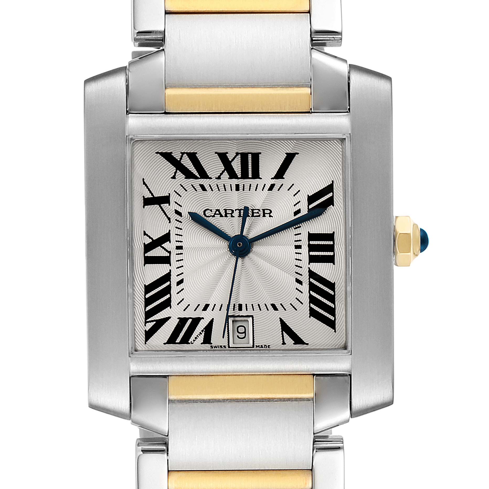 The image shows a close-up view of the Cartier Tank Française watch face and part of its two-tone bracelet.