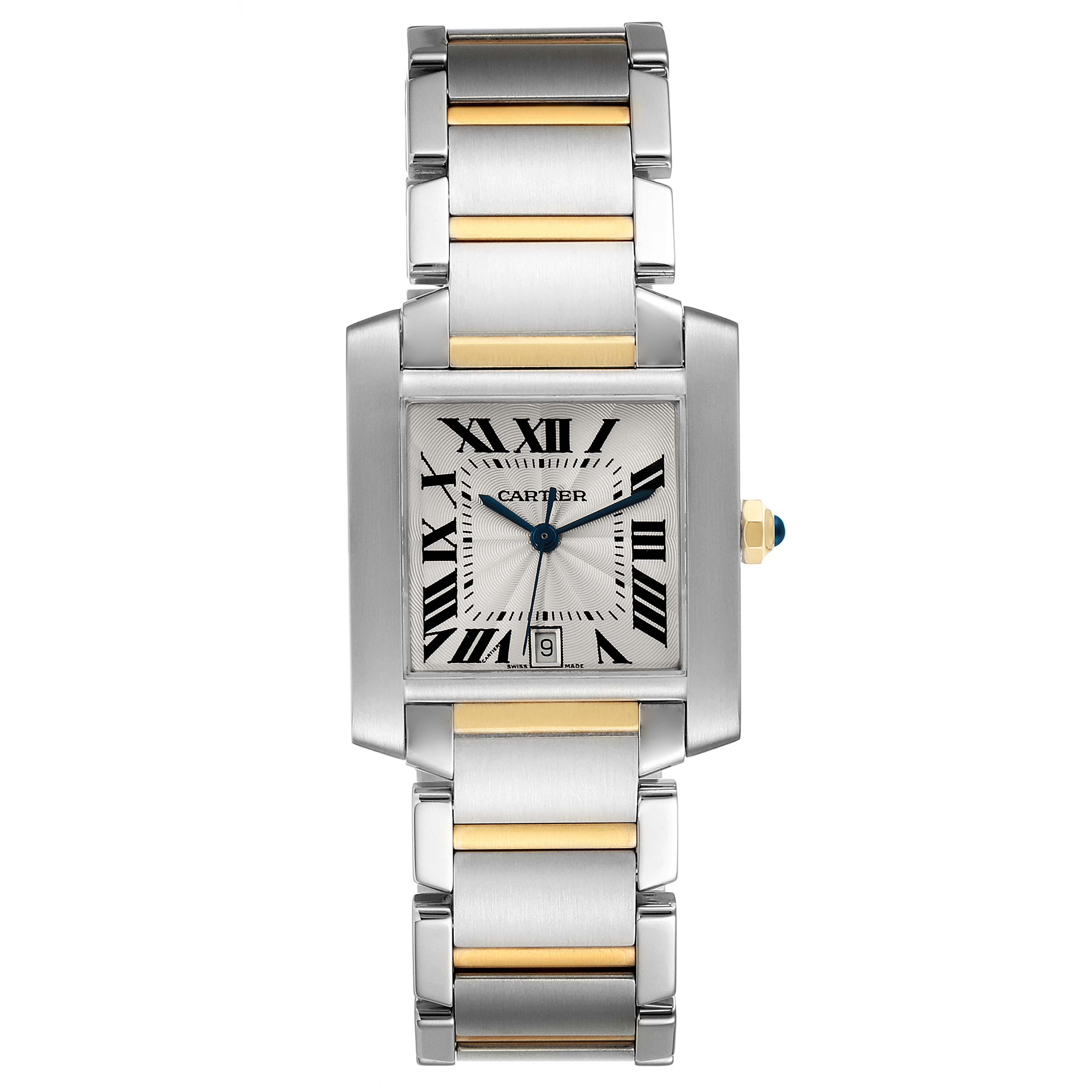 The image shows a front view of a Cartier Tank Française watch, displaying the full face, bezel, lugs, crown, and bracelet.