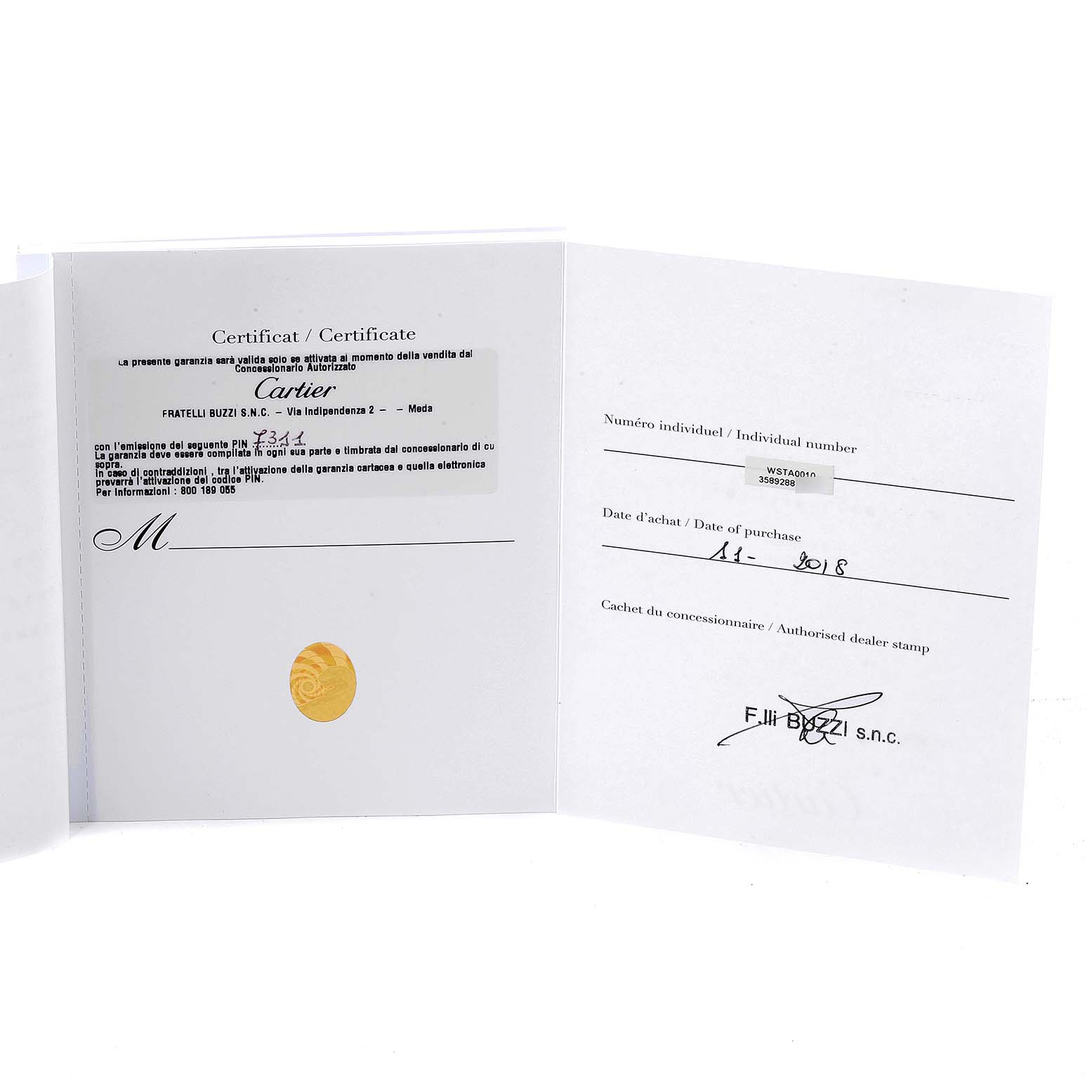 The image shows an open Cartier certificate booklet for the Tank MC model at a straight-on angle.