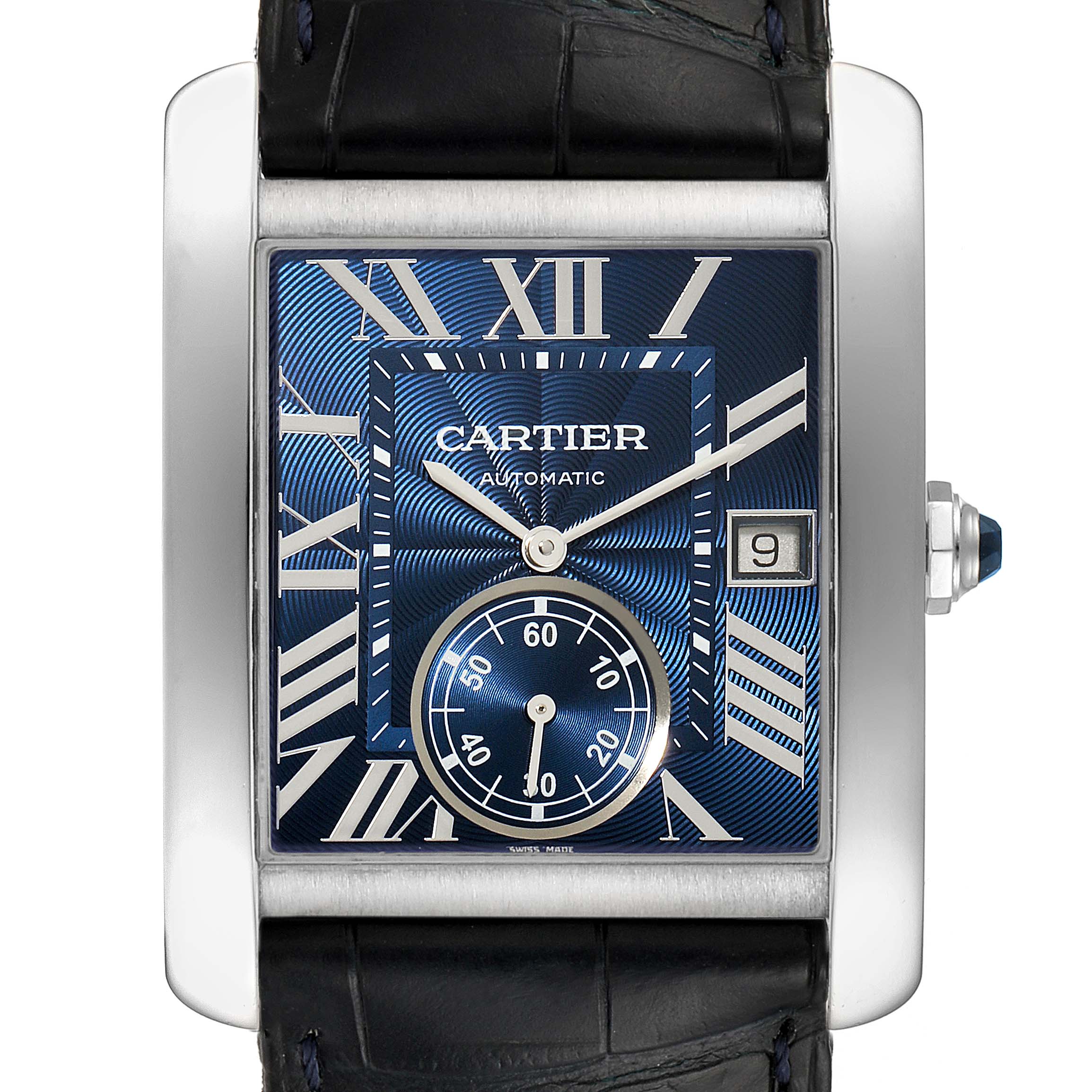 The image shows a frontal view of a Cartier Tank MC WSTA0010 Men's Stainless Steel Blue Dial WSTA0010 Men's Stainless Steel Blue Dial watch, highlighting the blue dial, Roman numerals, and date indicator.