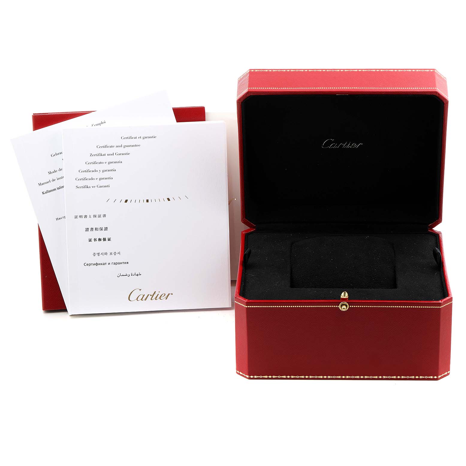 The image shows the red presentation box and warranty cards for the Cartier Tank MC WSTA0010 Men's Stainless Steel Blue Dial WSTA0010 Men's Stainless Steel Blue Dial model.