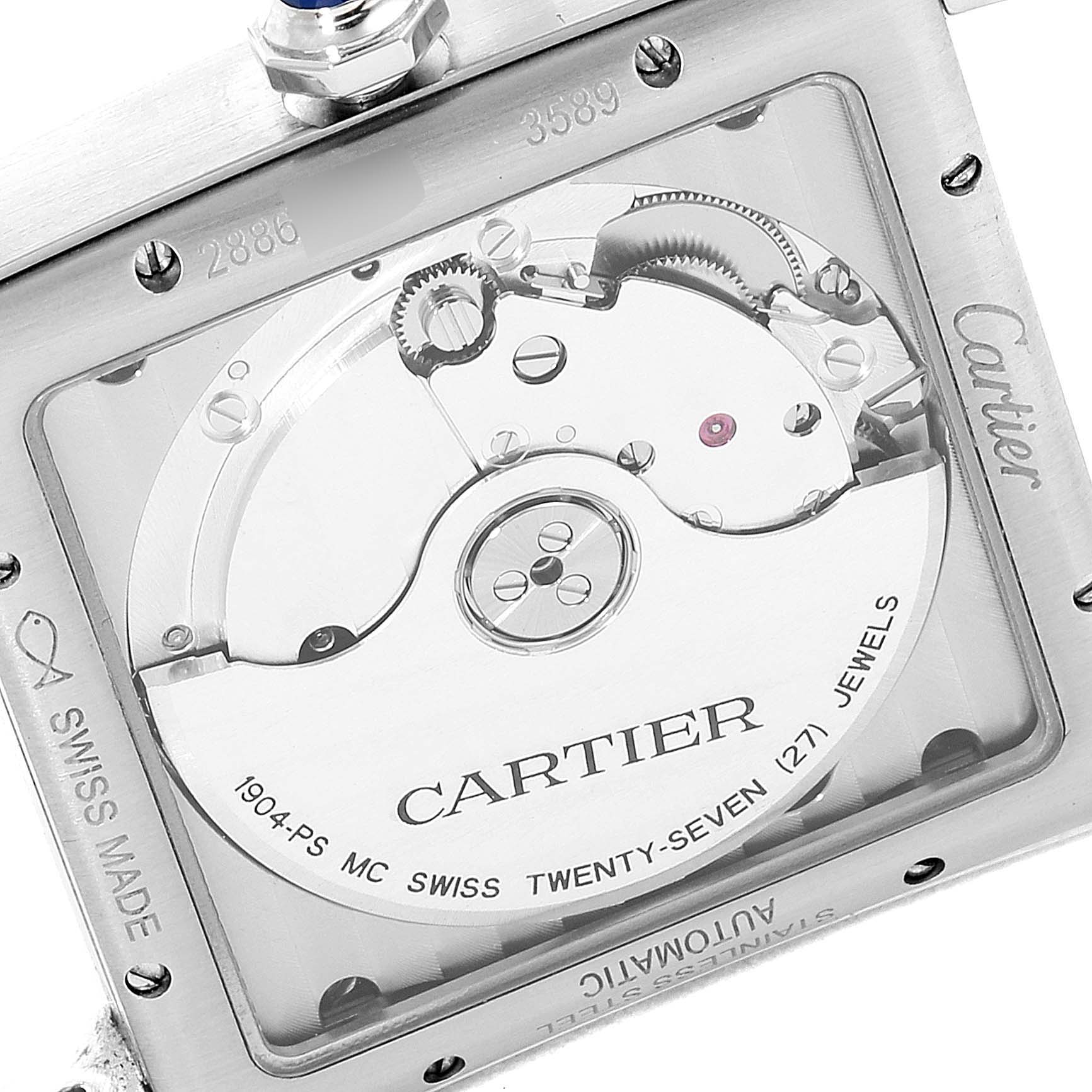 This image shows the caseback of the Cartier Tank MC WSTA0010 Men's Stainless Steel Blue Dial WSTA0010 Men's Stainless Steel Blue Dial watch, highlighting its movement and internal components.