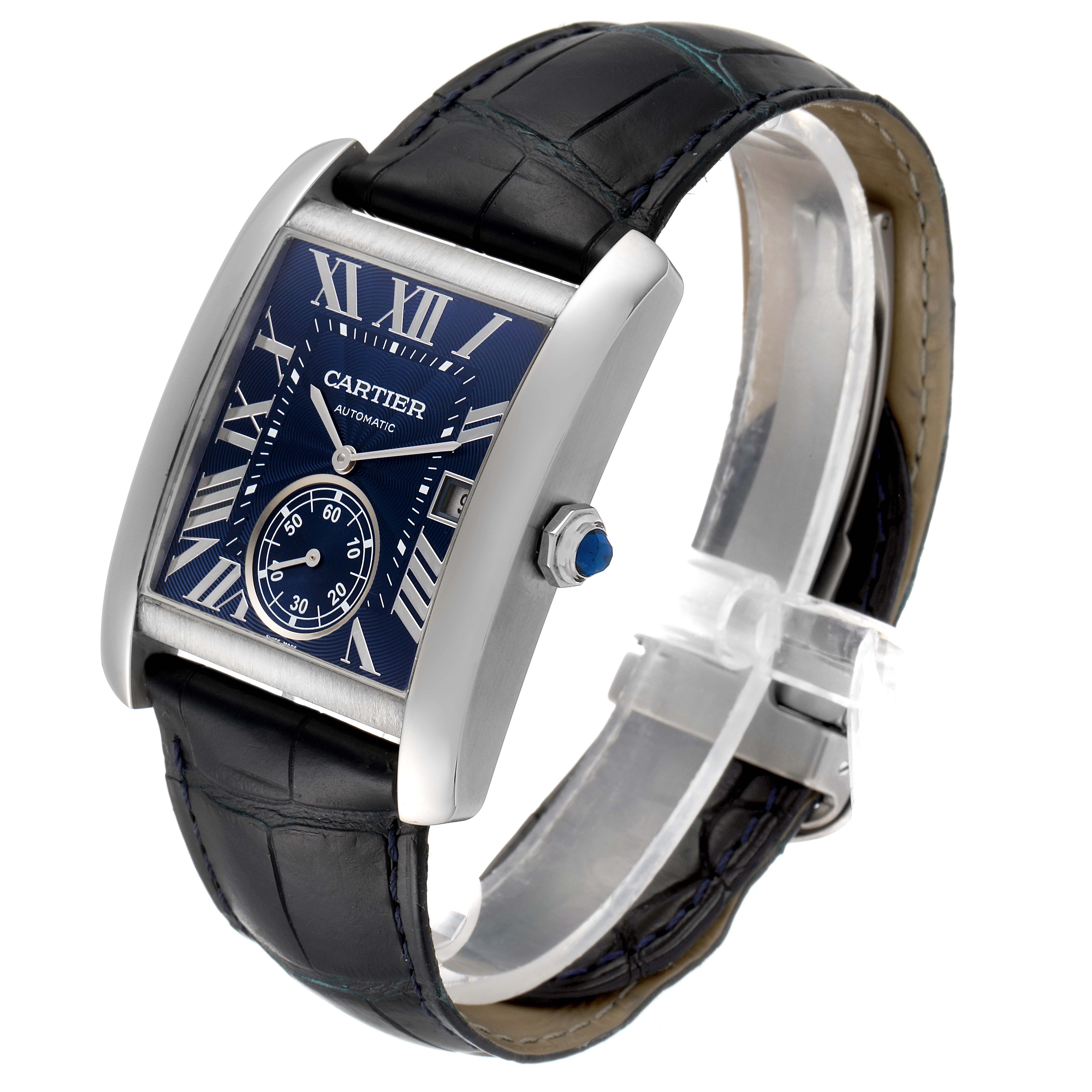 The Cartier Tank MC WSTA0010 Men's Stainless Steel Blue Dial WSTA0010 Men's Stainless Steel Blue Dial watch is shown at a three-quarter angle, highlighting its blue dial, Roman numerals, and black leather strap.